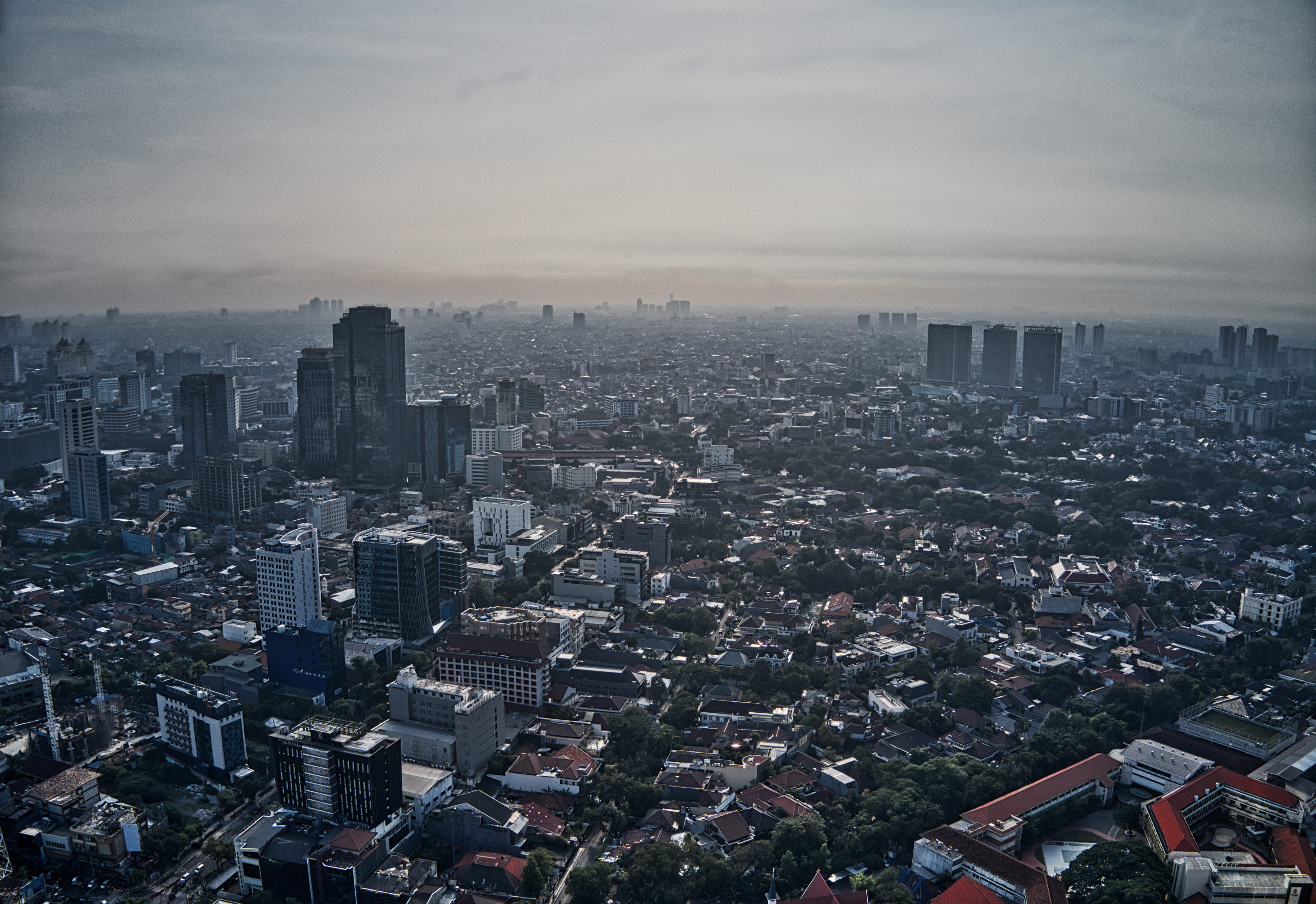 building, built structure, office building exterior, tall - high, skyscraper, jakarta, modern, high angle view, view, indonesia, building exterior, sky, HD Wallpaper