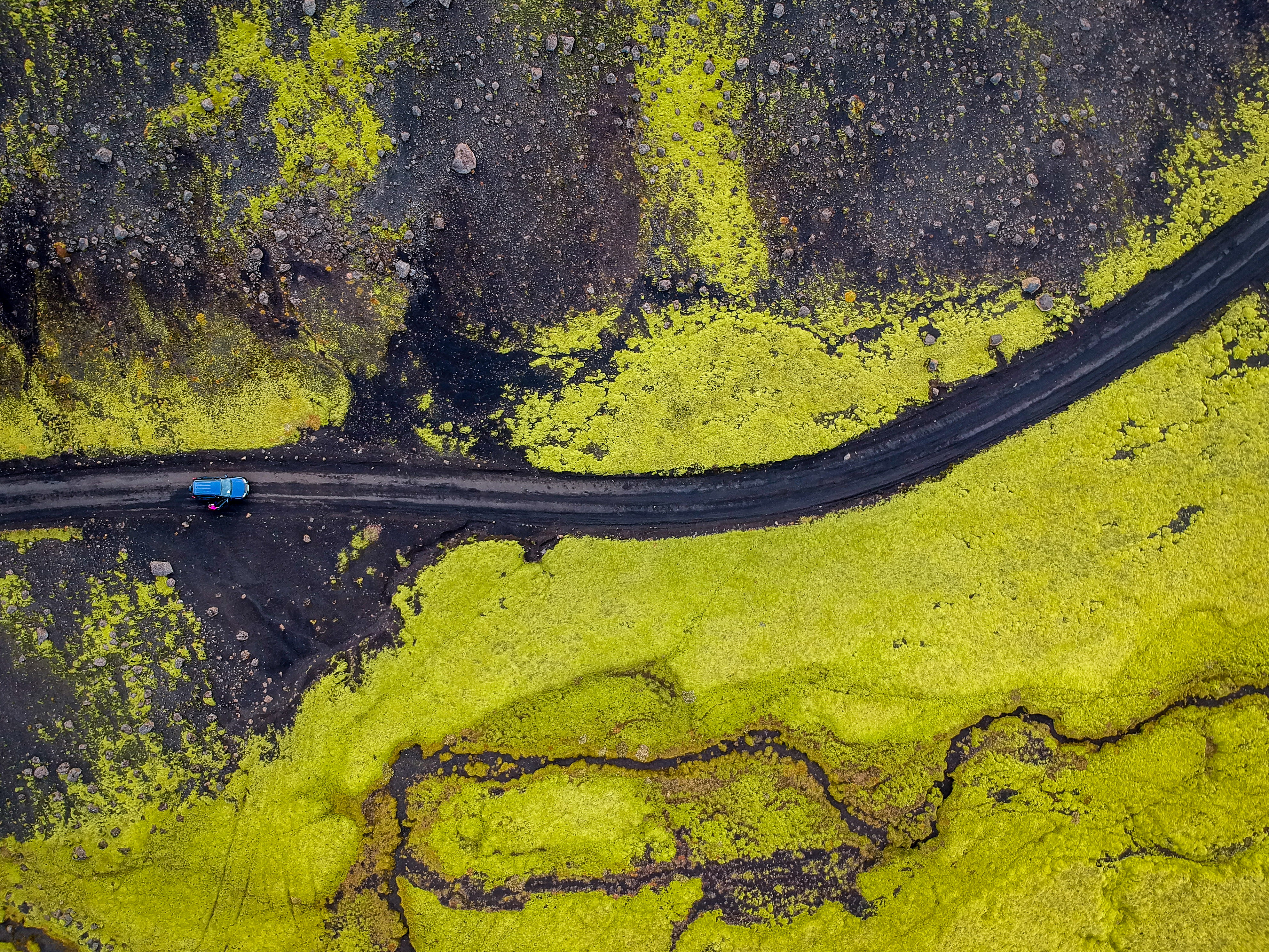 outdoors, green moss, non-urban scene, road, moss, green color, color, laki, roadtrip, drone shot, plant, laki volcano, blue, aerial, transportation, tranquility, HD Wallpaper