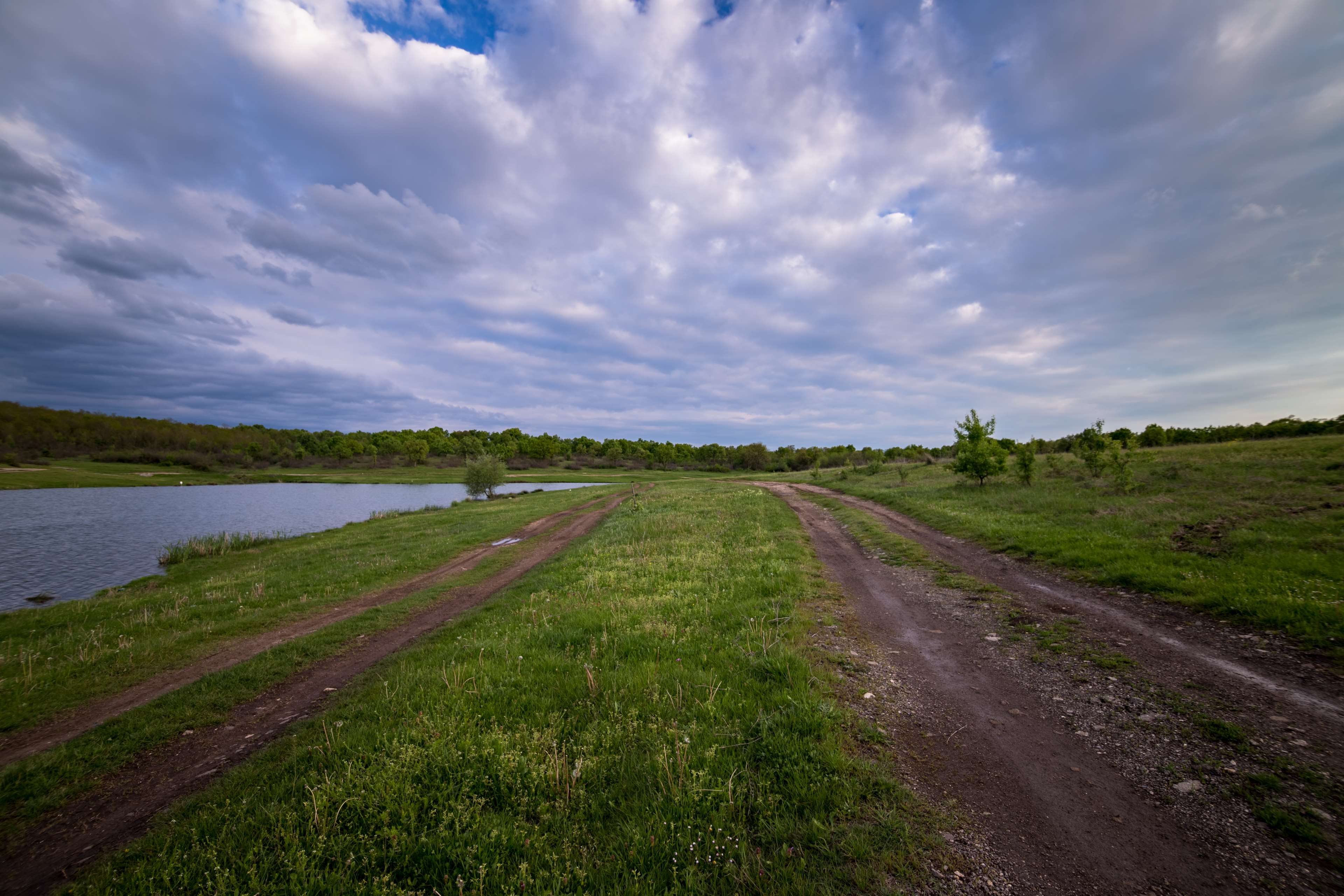 sky, long, water, beauty in nature, direction, scenic, land, clouds, pond, diminishing perspective, scenics - nature, green, transportation, outdoors, grass, HD Wallpaper