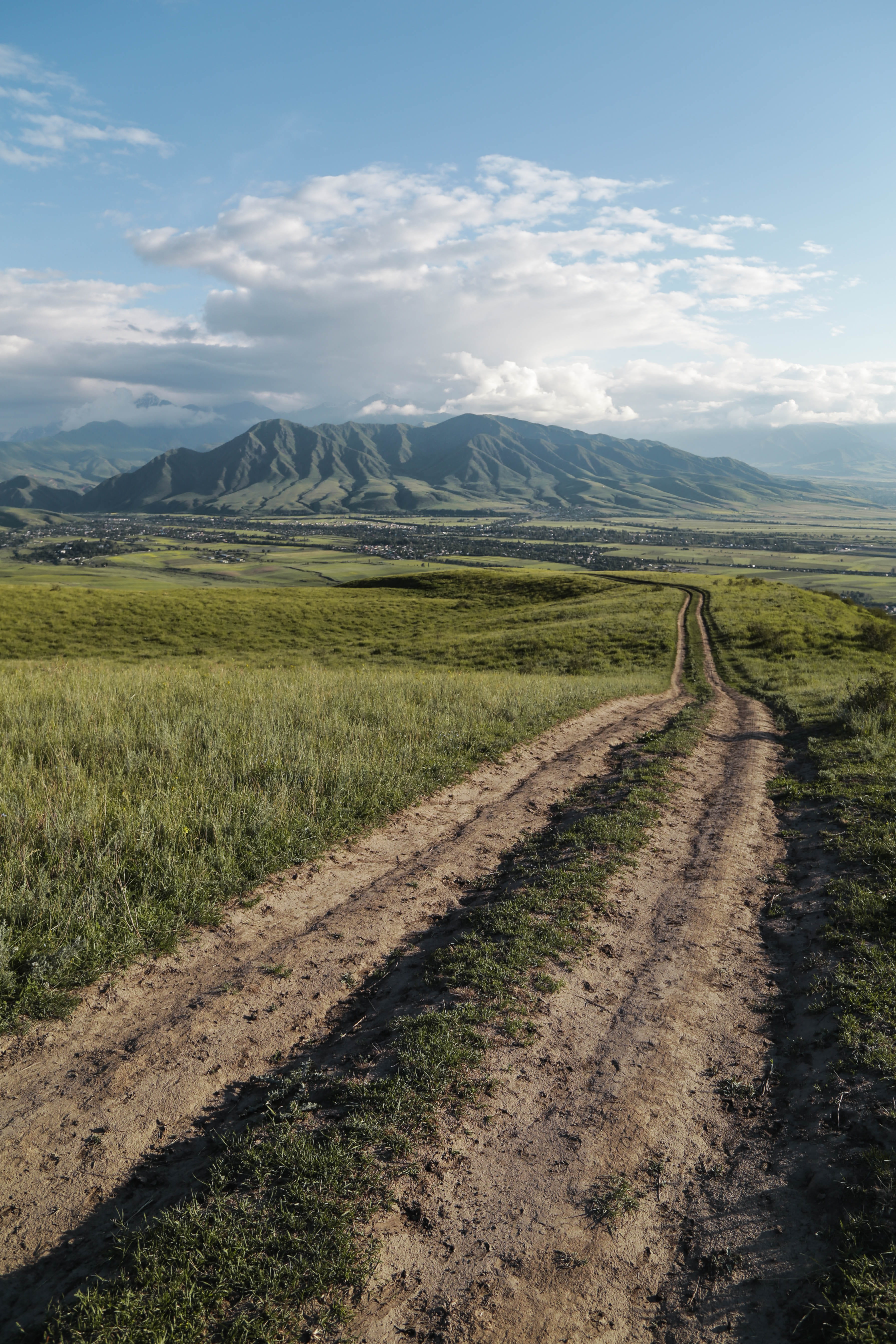 mountain, middle, grassland, nature, transportation, grass, road, growth, beauty in nature, non-urban scene, tranquility, the way forward, cloud - sky, Phone HD Wallpaper
