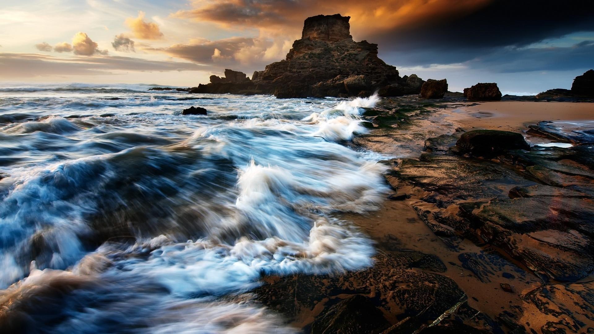 ocean, rocks, nature, 1080P, photography, waves, beach, 3d and abstract, clouds, seafoam, beauty, sand, HD Wallpaper