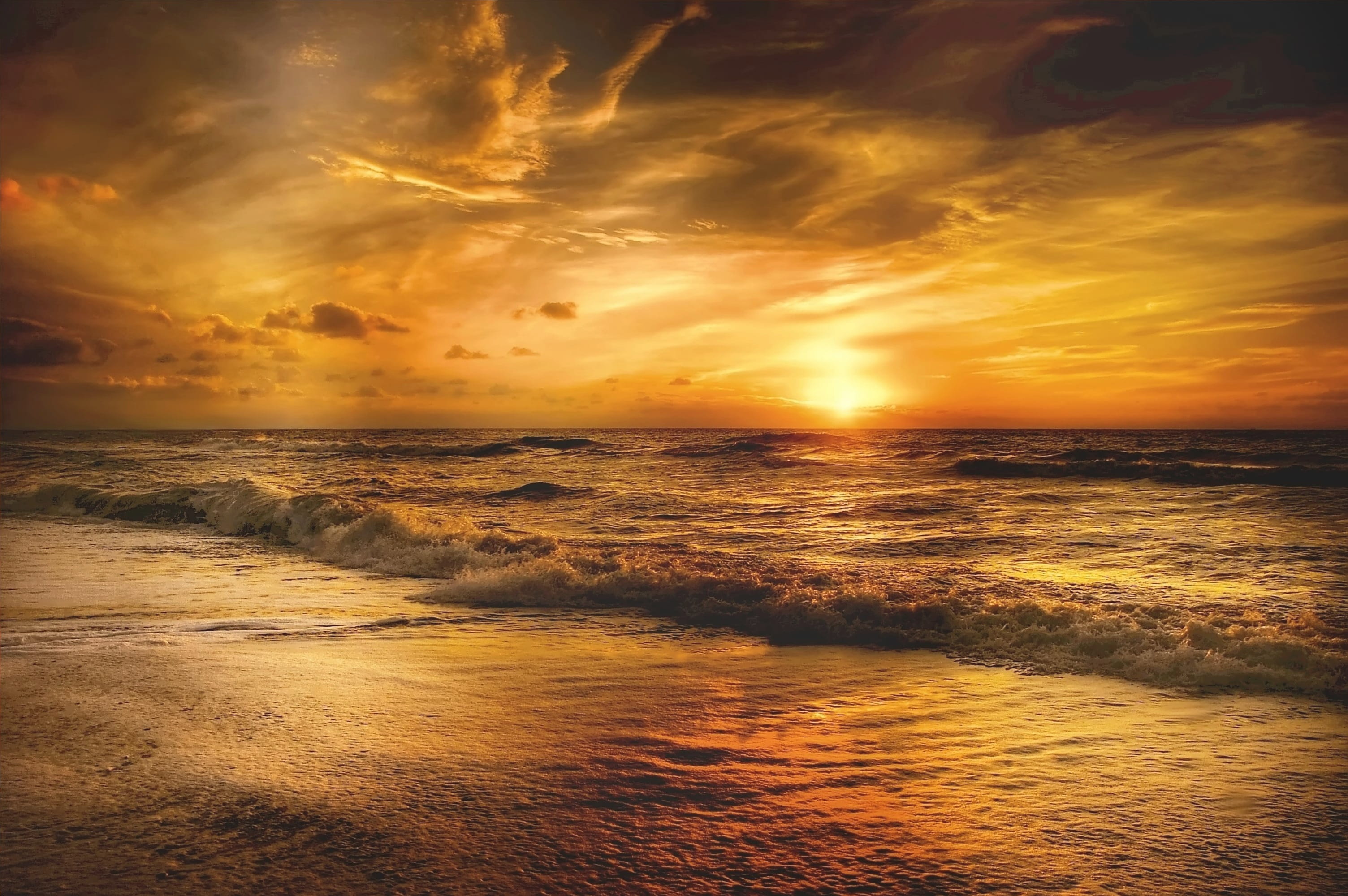 water, waterfront, golden, sea, horizon over water, clouds, reflection, sunrise, beauty in nature, orange color, dawn, scenic, photography, horizon, tranquil scene, HD Wallpaper