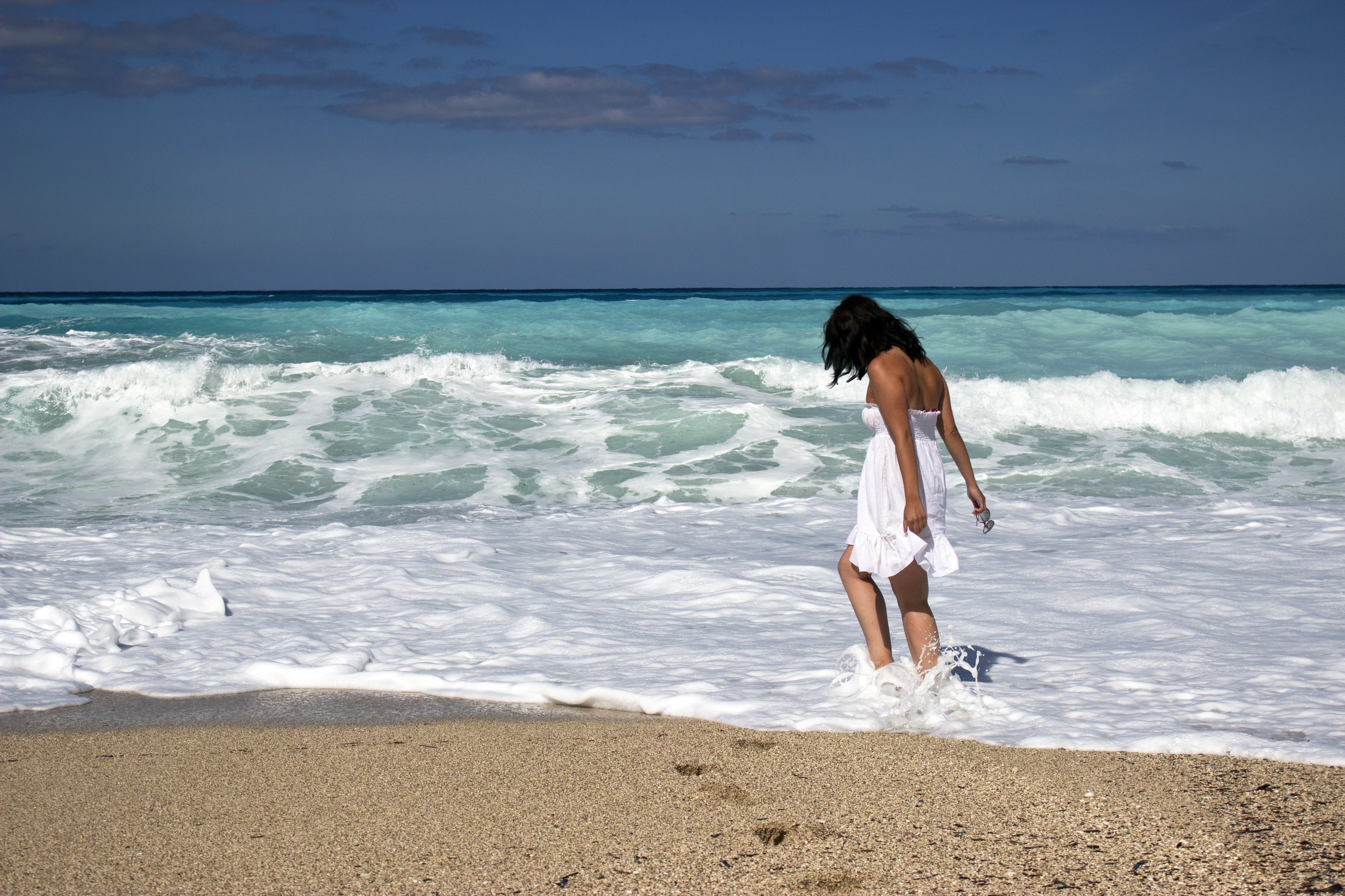 seashore, sunshine, one person, waves, person, summer, horizon over water, nature, real people, sand, girl, full length, ocean, water, leisure, hair, horizon, HD Wallpaper