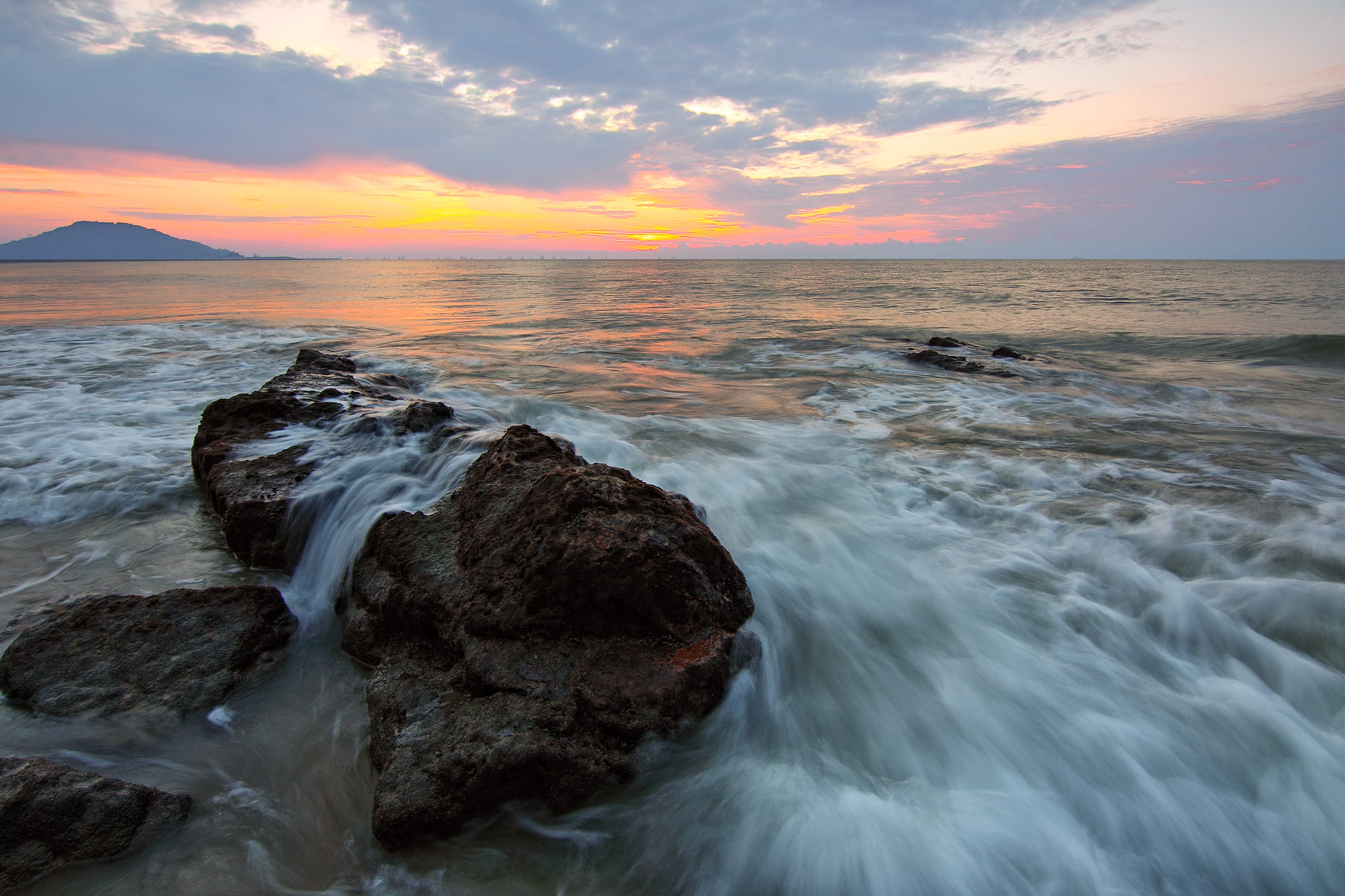 clouds, beauty in nature, solid, dusk, sea, scenics - nature, cloud - sky, island, horizon over water, waves, rock, rocky coastline, no people, water, long exposure, HD Wallpaper