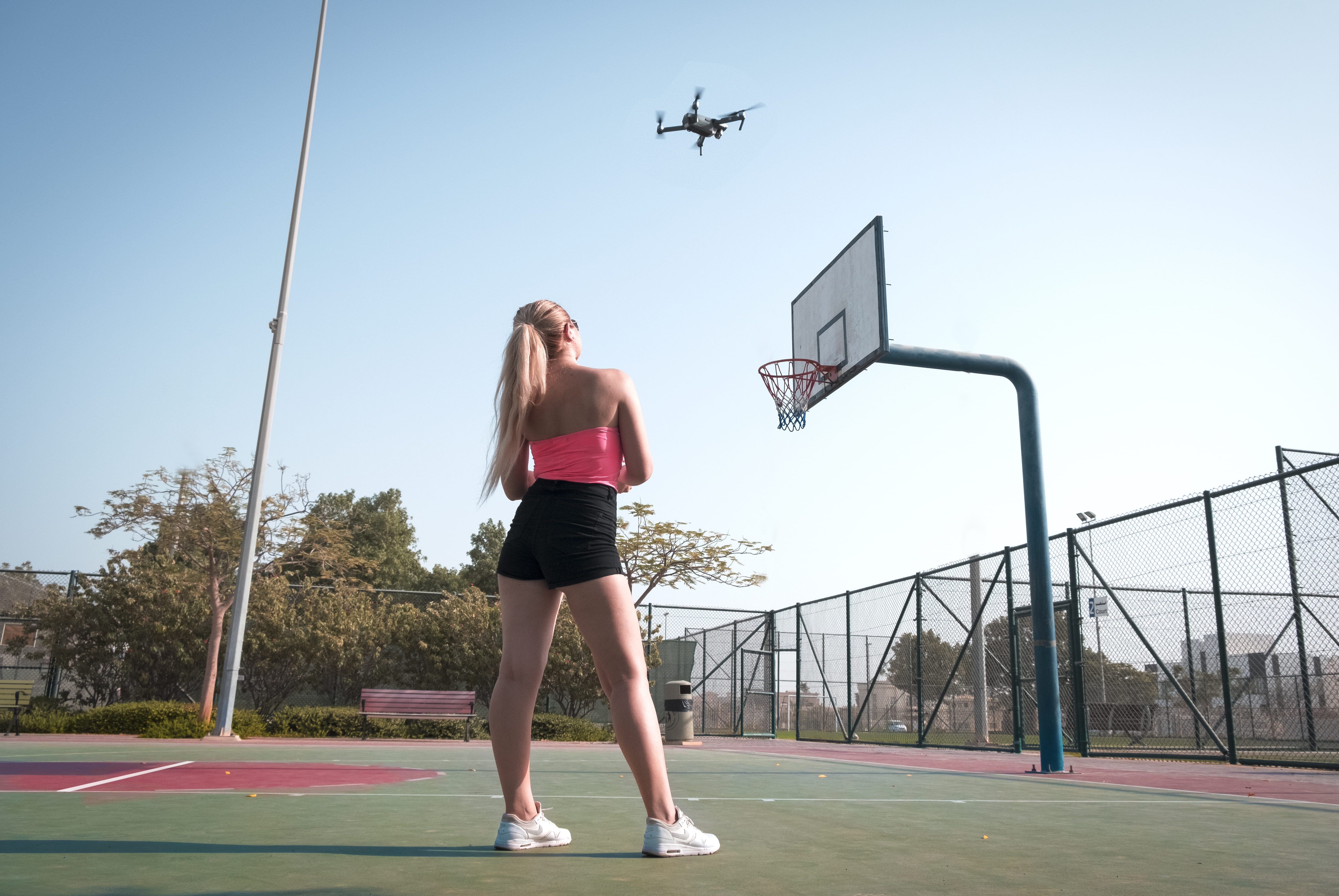clear sky, one person, near, women, standing, day, hairstyle, leisure activity, mid-air, nature, basketball, adult, basketball court, dji mavic, young women, HD Wallpaper