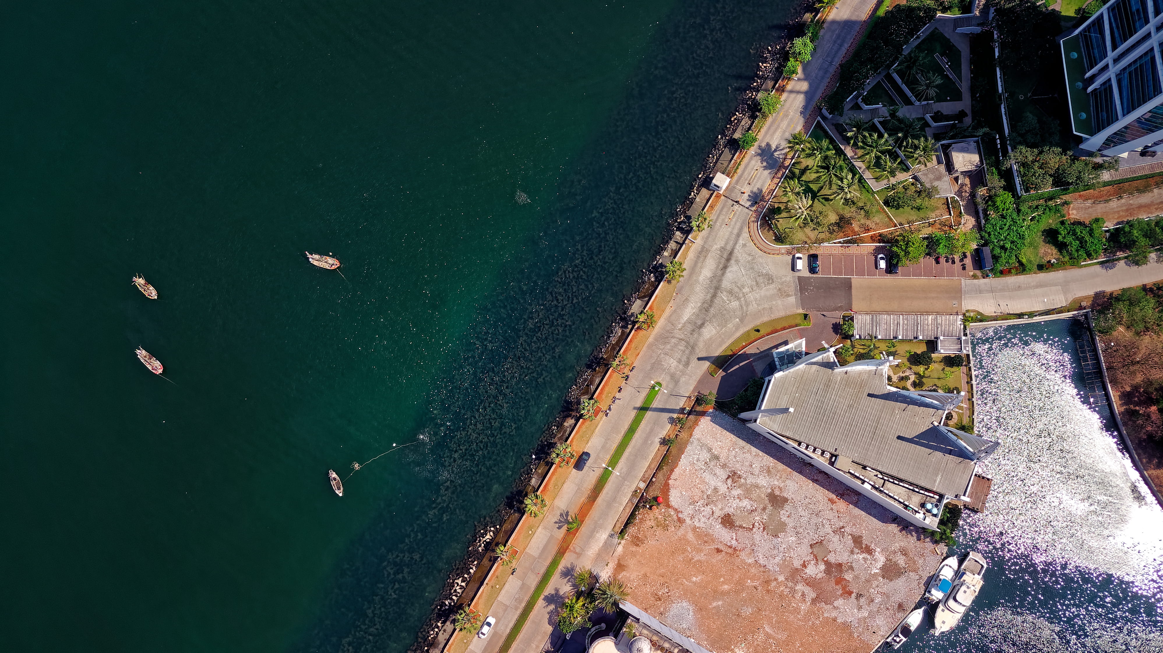 green color, aerial shot, near, drone cam, architecture, watercrafts, photography, sunlight, transportation, ocean, fishing boats, buildings, built structure, HD Wallpaper