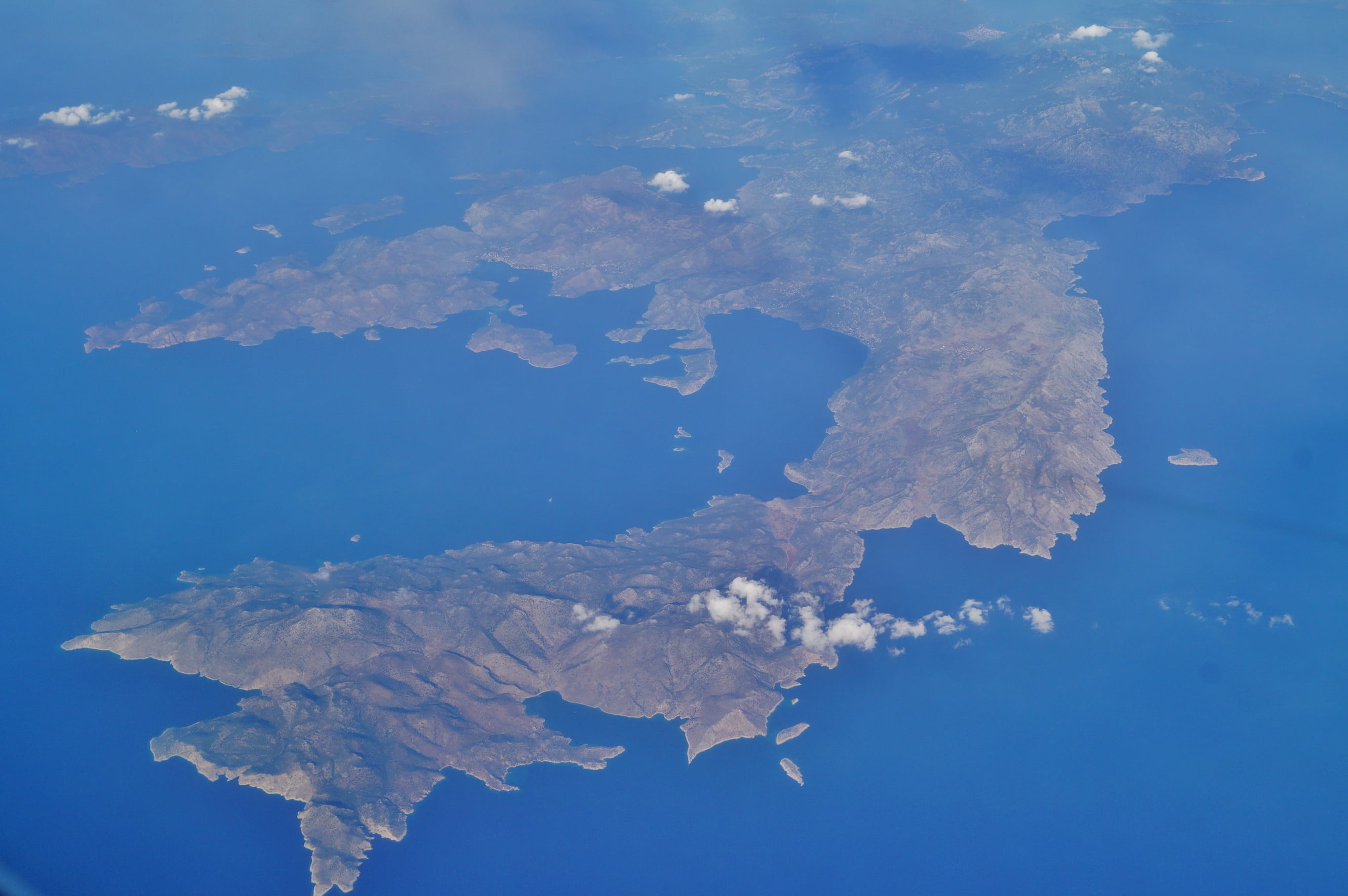 physical geography, water, 2K, blue, aerial view, space, flight, sky, birds eye view, island, nature, landscape, topography, scenics - nature, cloud - sky, HD Wallpaper