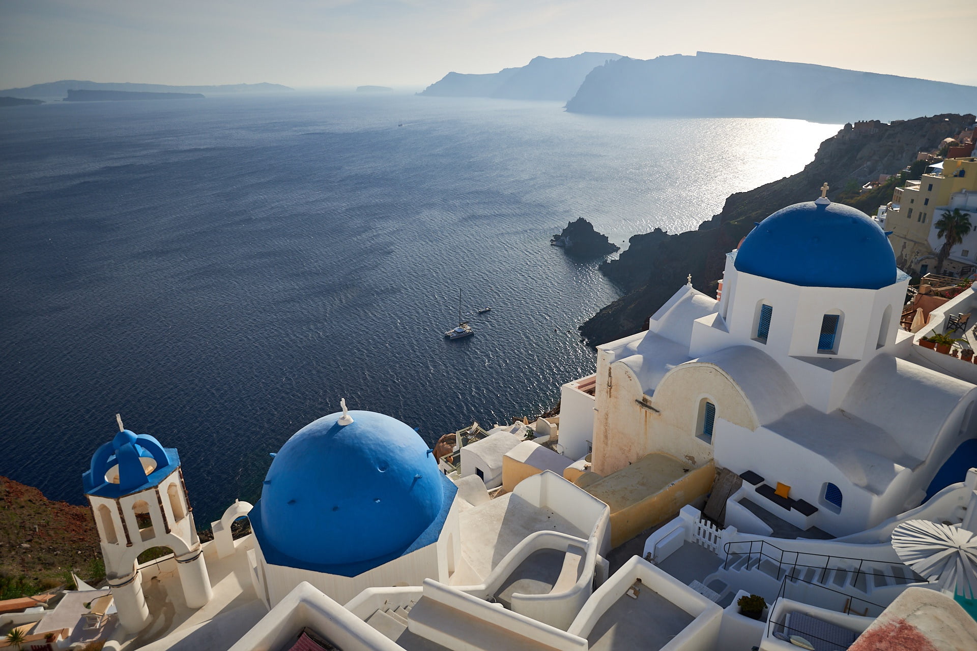 the view from the top, Greece, coast, Santorini, rocks, 1080P, home, the sun, sea, height, HD Wallpaper