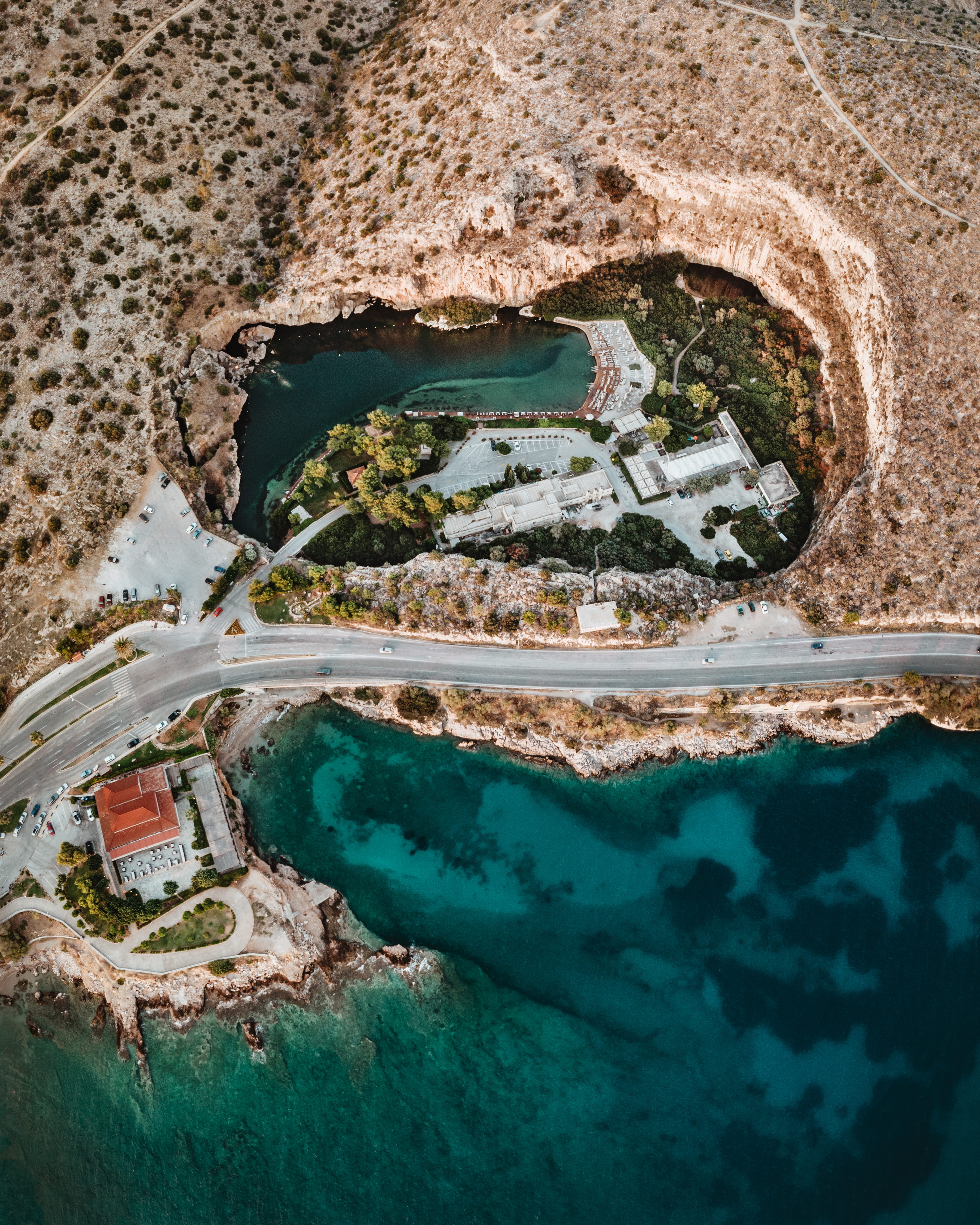 built Structure, pool, island, coast, body, car, travel Destinations, village, from above, view, sea, 4K, drone, house, coastline, outdoors, high Angle View, Phone HD Wallpaper