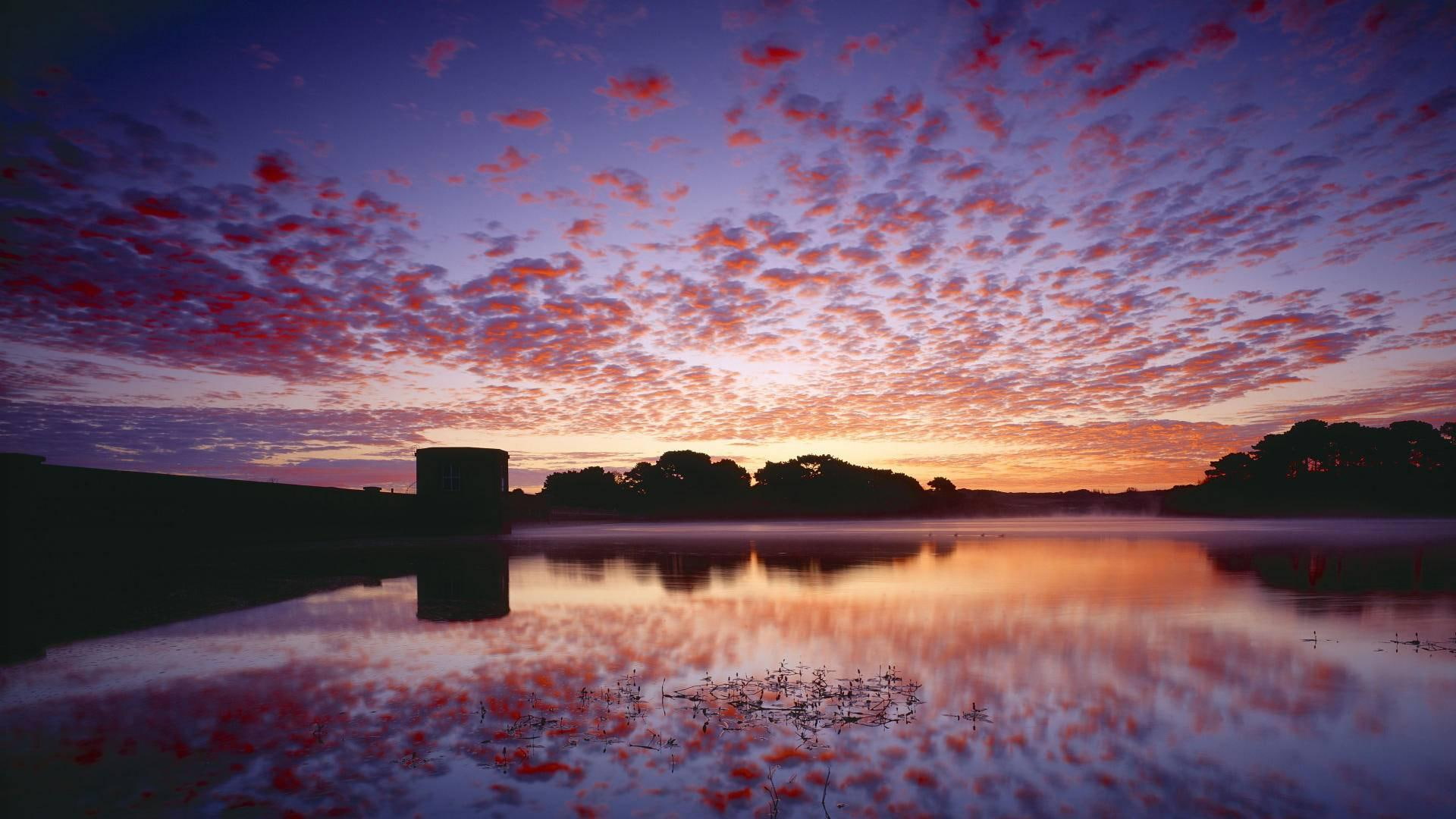 dawn, lake, reflection, isls, silhouettes, clouds, nature and landscapes, colors, channel, guernsey, 1080P, HD Wallpaper