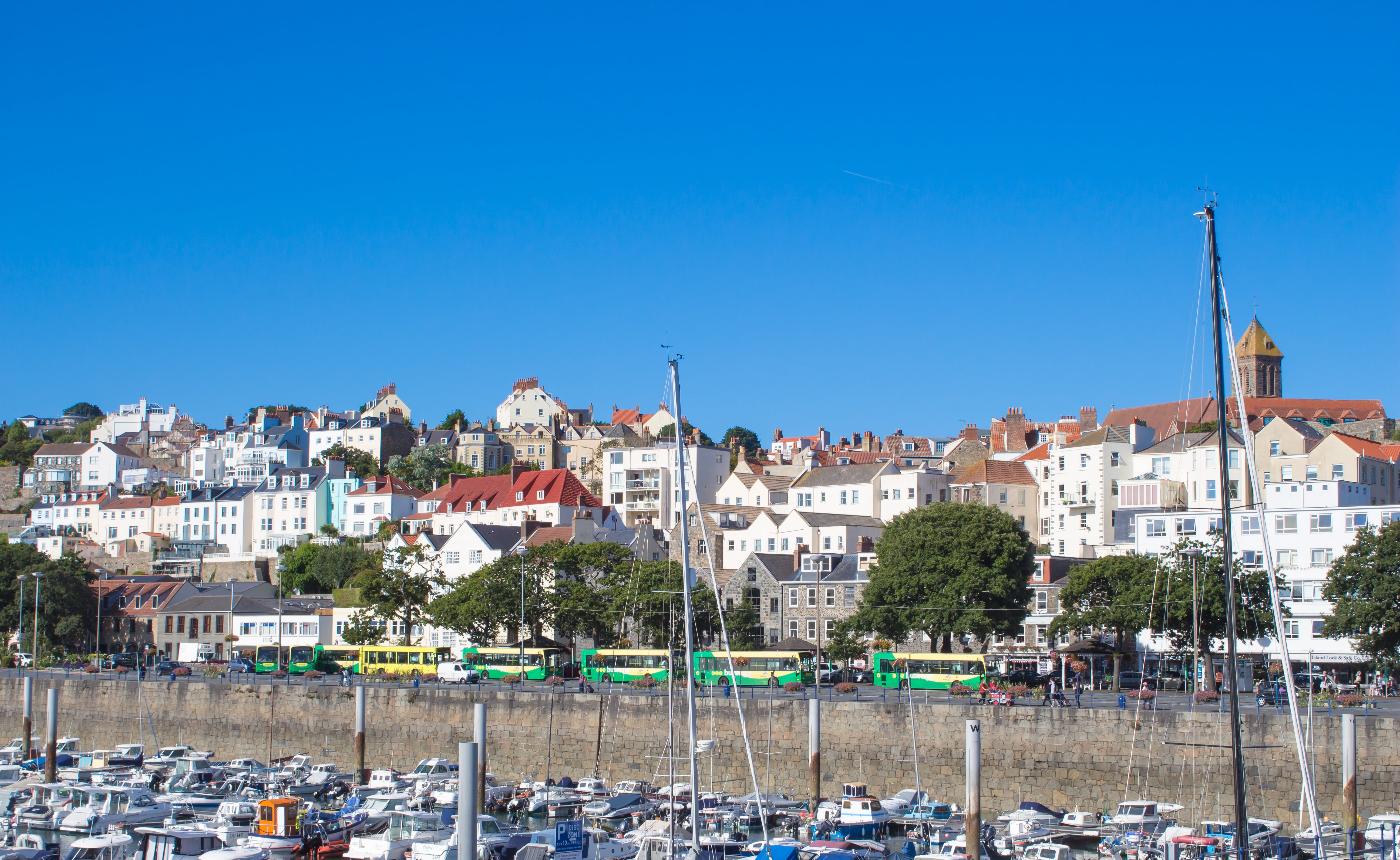island, nature, residential district, outdoors, harbor, built structure, no people, blue, street, harbour, guernsey, nautical vessel, land, building exterior, HD Wallpaper