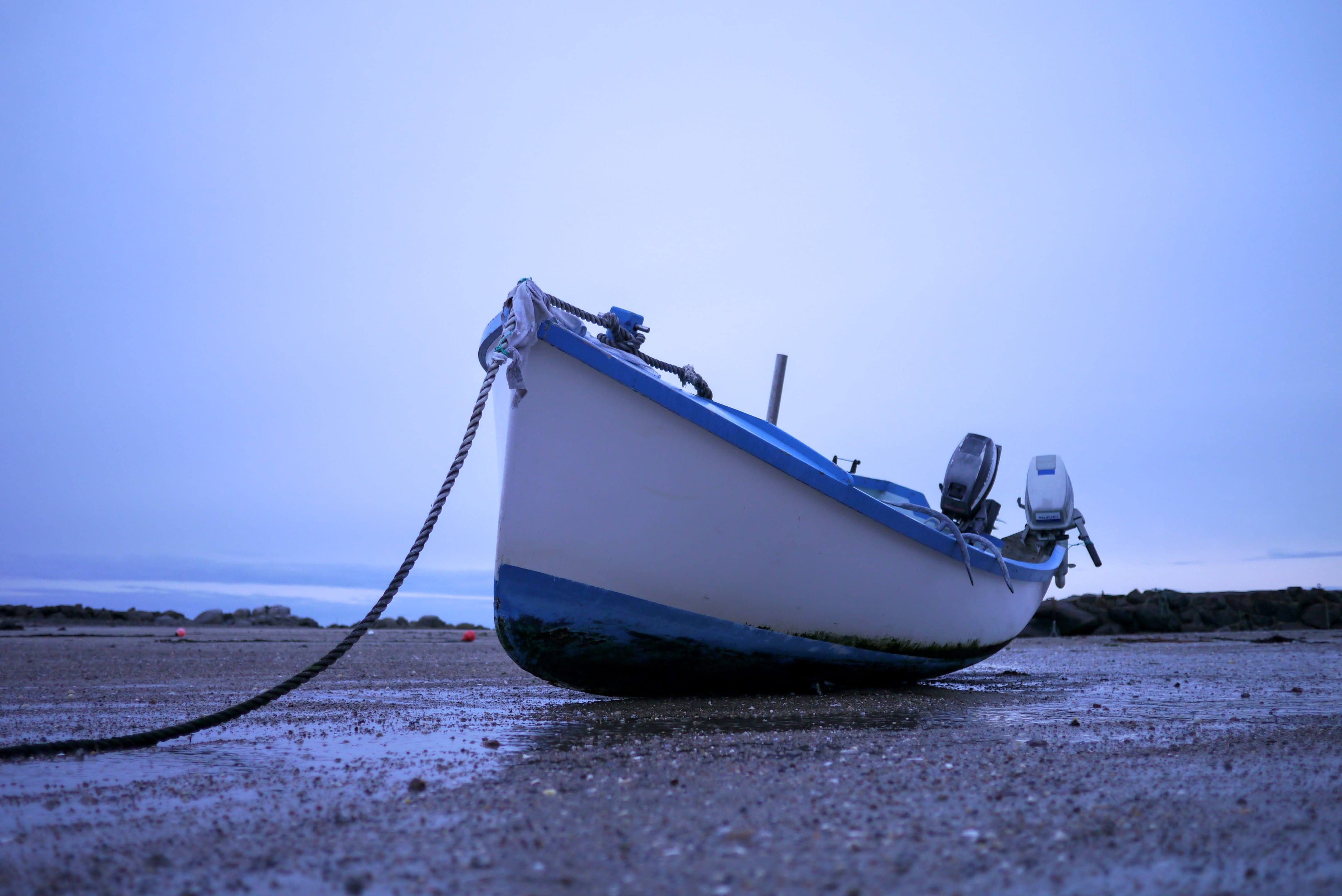 copy space, day, clear sky, mode of transportation, no people, moored, 4K, cloud, nature, beach, nautical vessel, rowboat, water, guernsey, sky, sea, land, HD Wallpaper