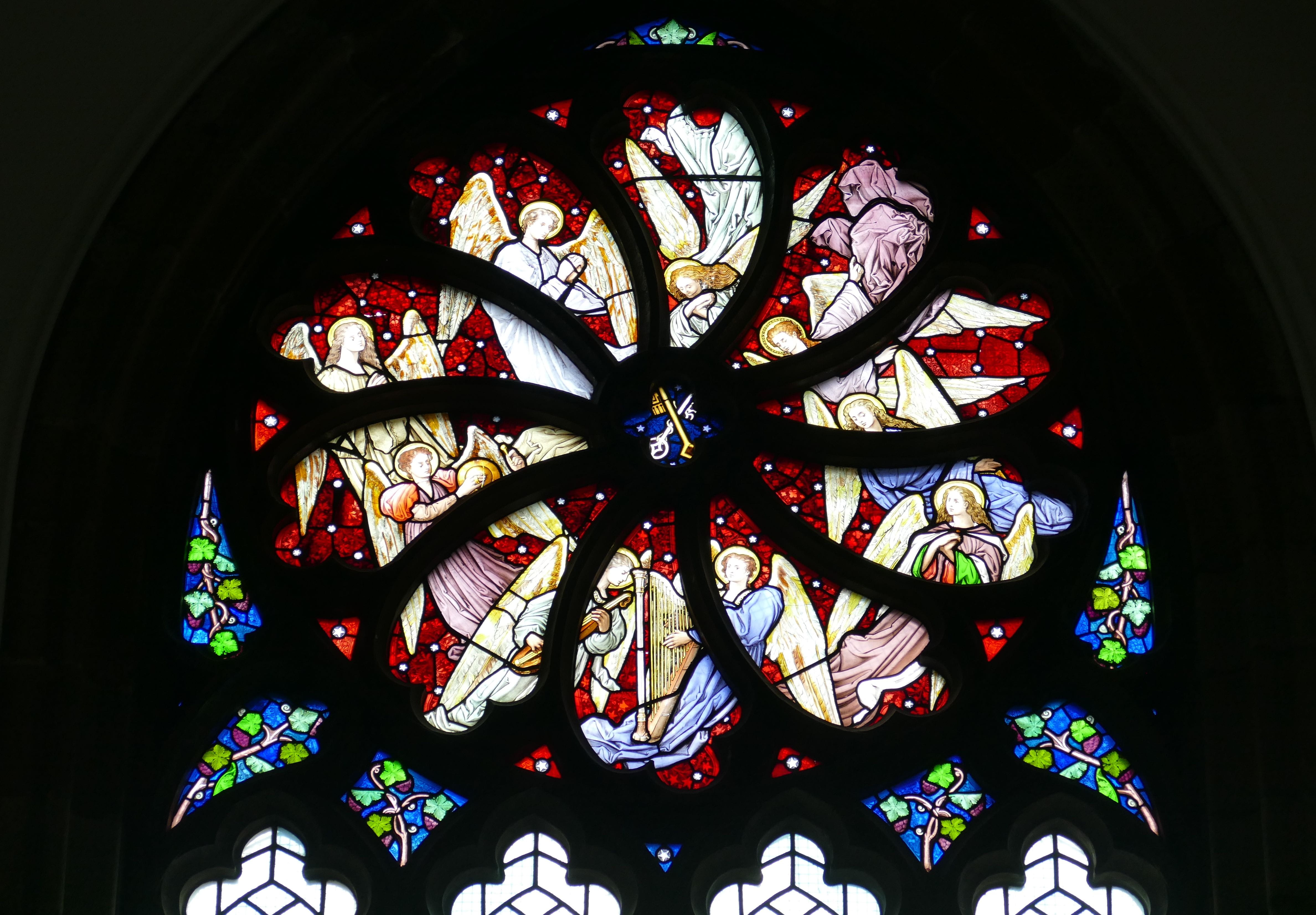 window, low angle view, angel, belief, place of worship, church window, image, stained glass, directly below, multi colored, pattern, ceiling, religion, HD Wallpaper