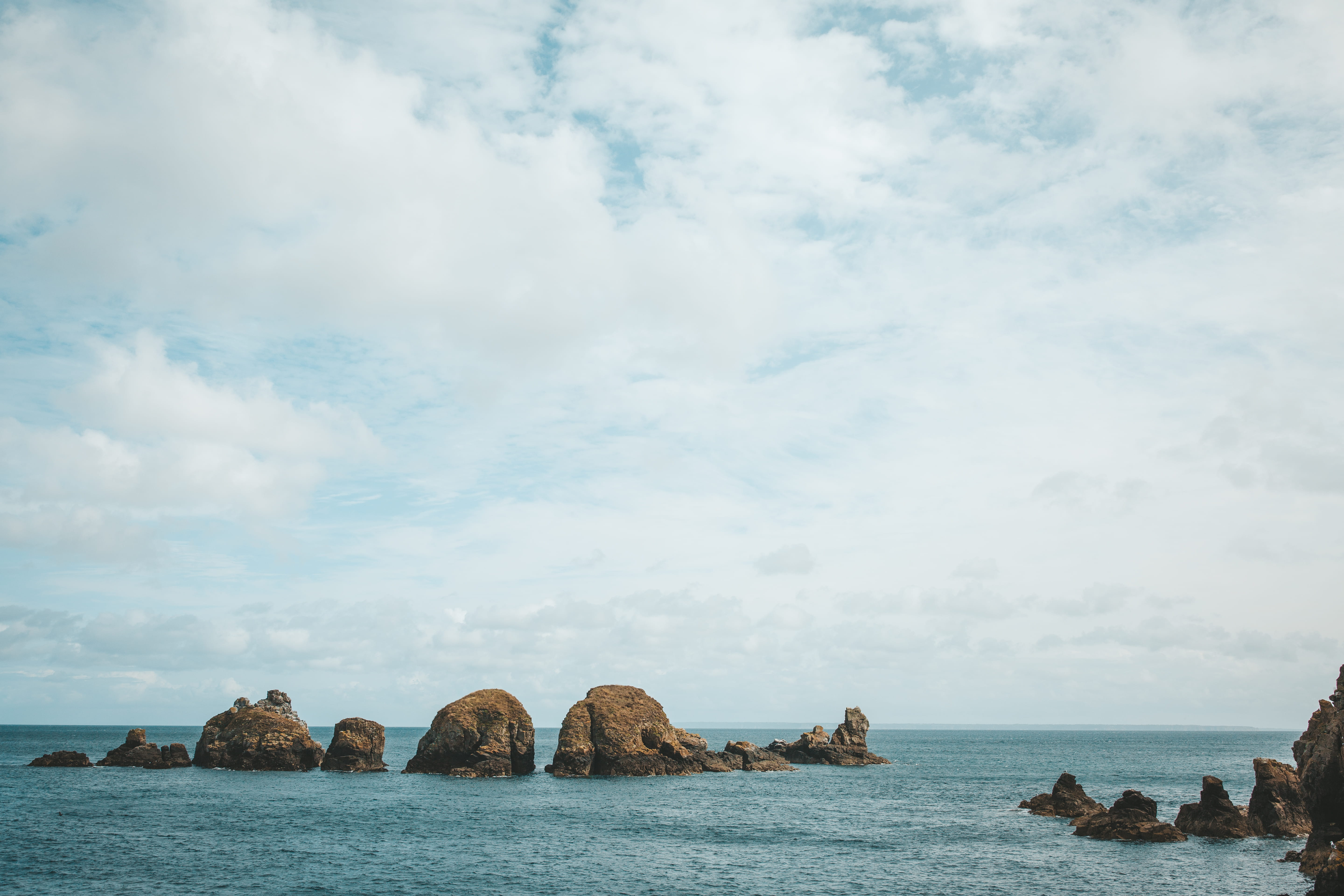 beauty in nature, tranquil scene, cloud - sky, sea, sky, nature, horizon over water, guernsey, no people, sark, 5K, solid, water, rock, waterfront, horizon, HD Wallpaper