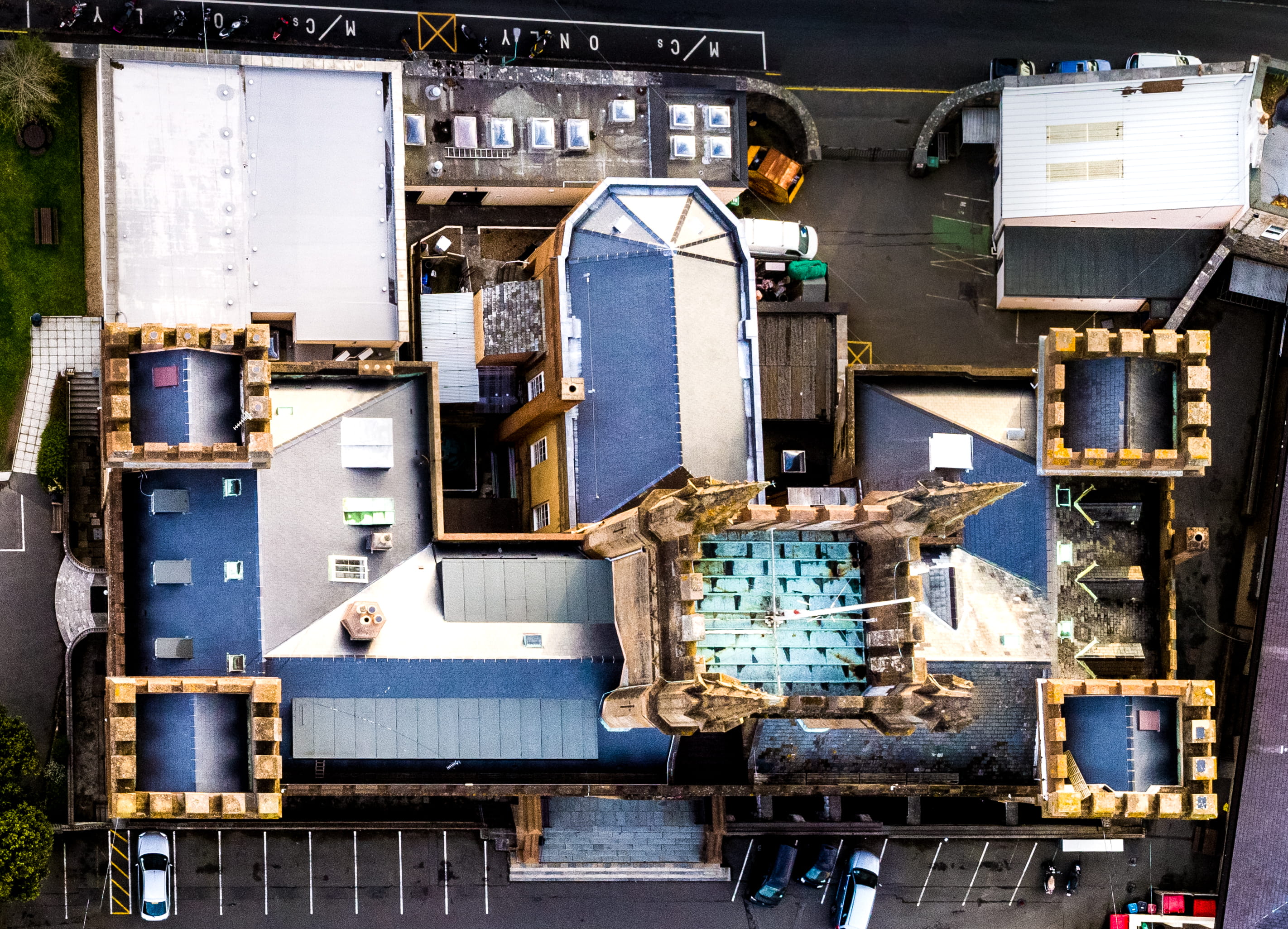 photograph, car park, machinery, aerial, looking down, rooftop, architecture, brown, technology, damaged, industry, nature, 2K, eye, industrial equipment, HD Wallpaper