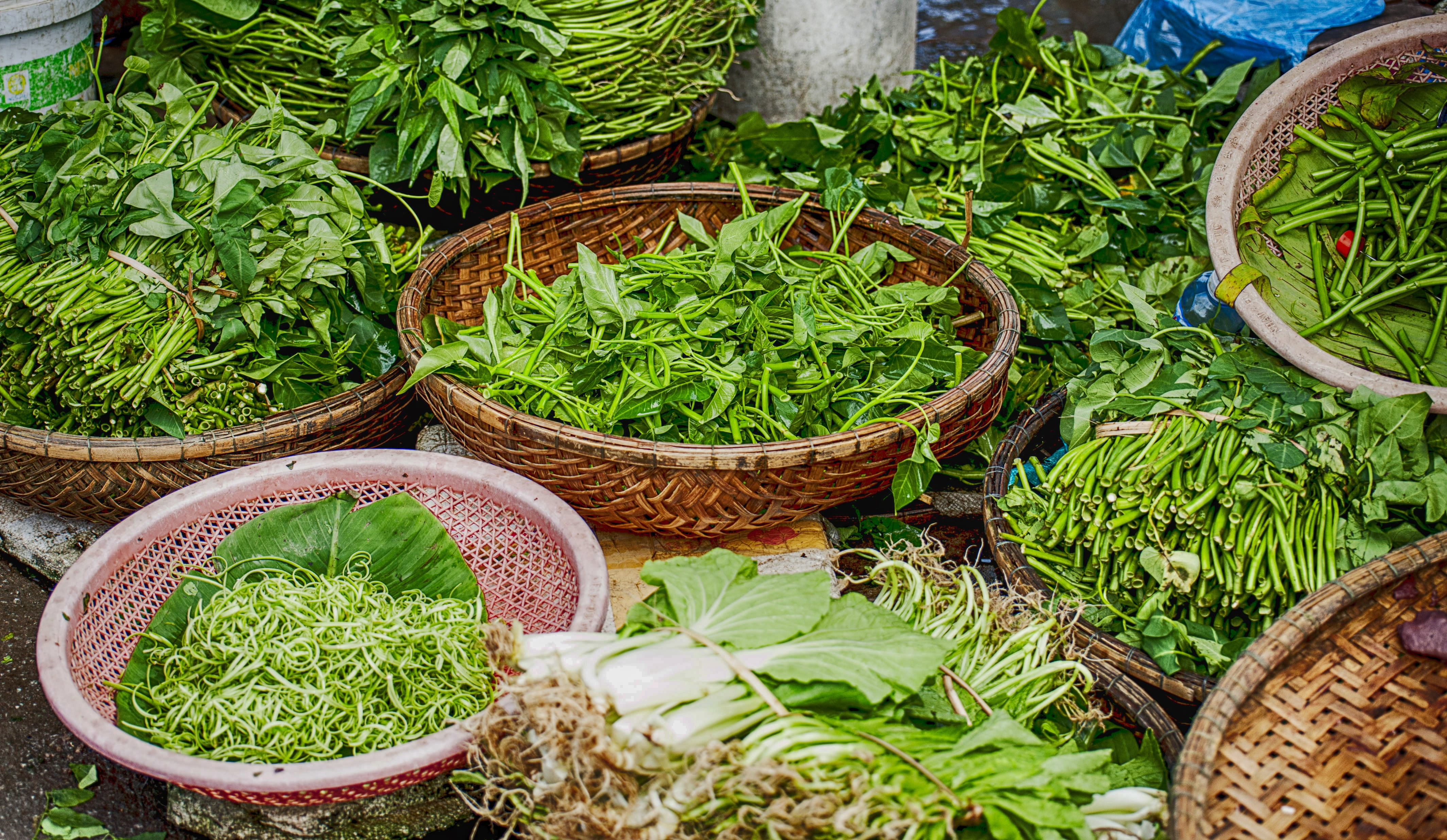 baskets, green, green color, container, variation, wicker, food and drink, herb, vegetable, 4K, Organic, market, outdoors, cuisine, Natural, growth, choice, HD Wallpaper