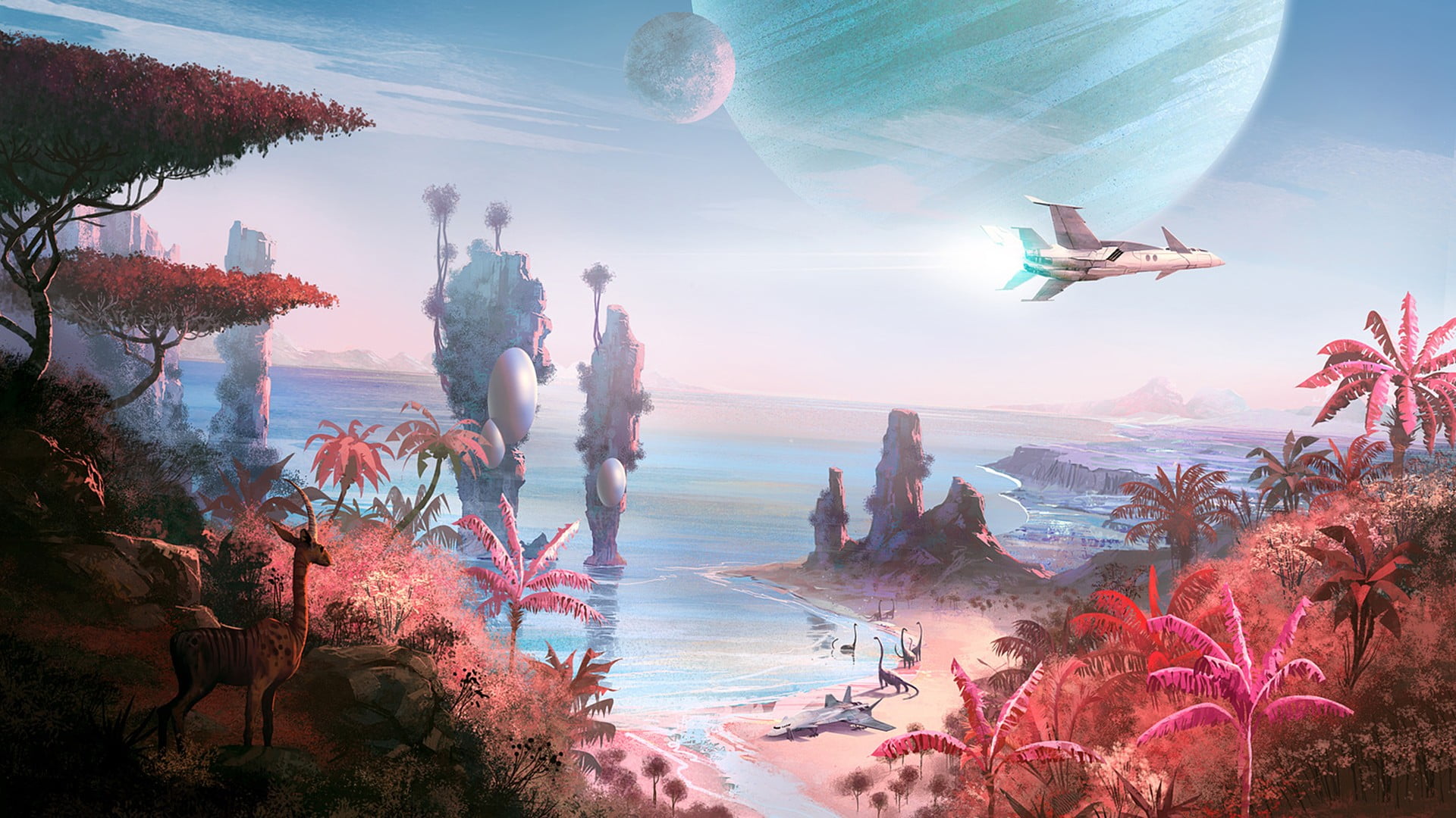 nature, reflection, rock - object, outdoors, tranquil scene, 1080P, No Mans Sky, solid, digital composite, day, beauty in nature, video games, HD Wallpaper