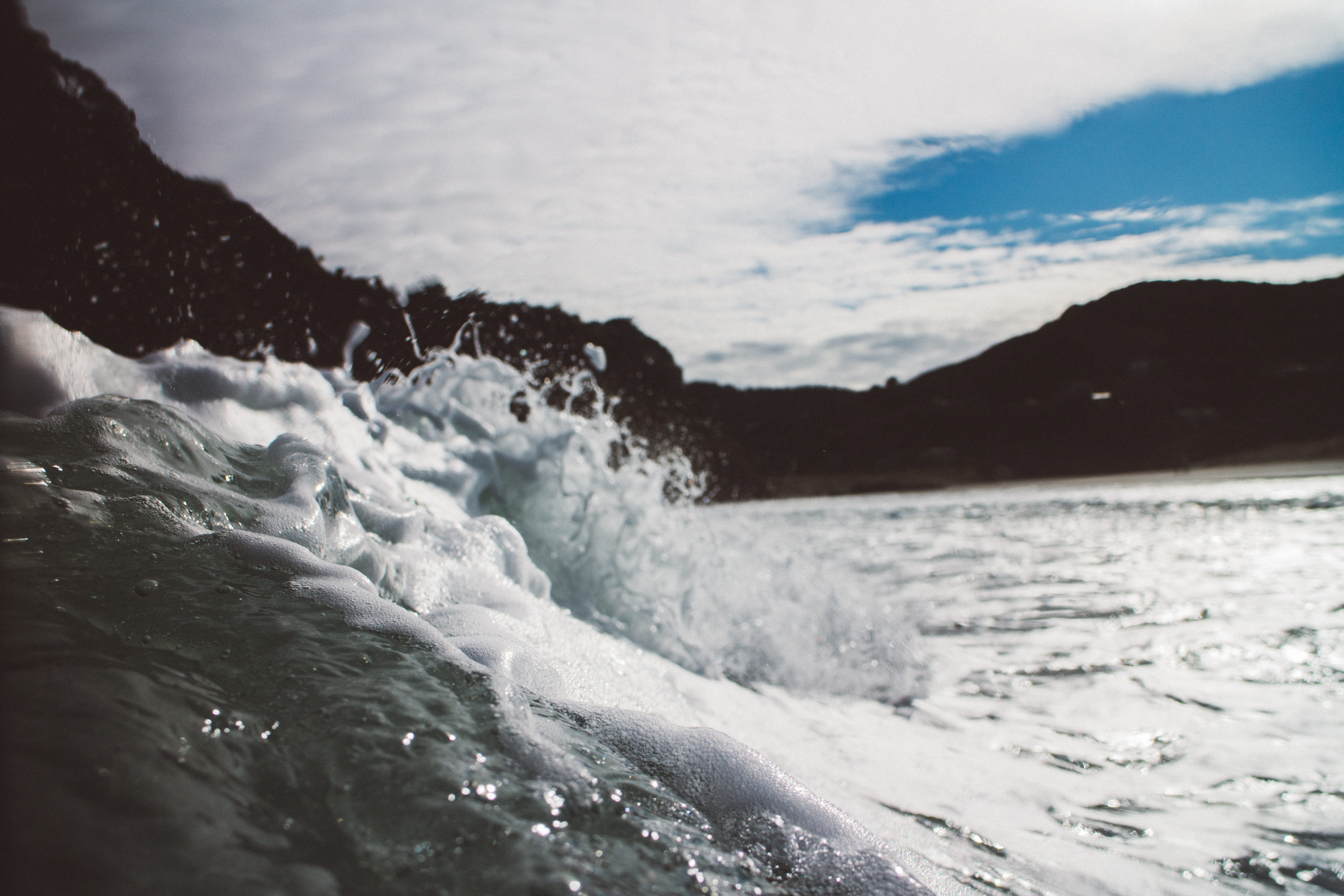 flowing, wave, mountain, aquatic sport, near, water, 5K, ice, new zealand, coast, flowing water, bubble, motion, sky, beauty in nature, sea, outdoors, HD Wallpaper