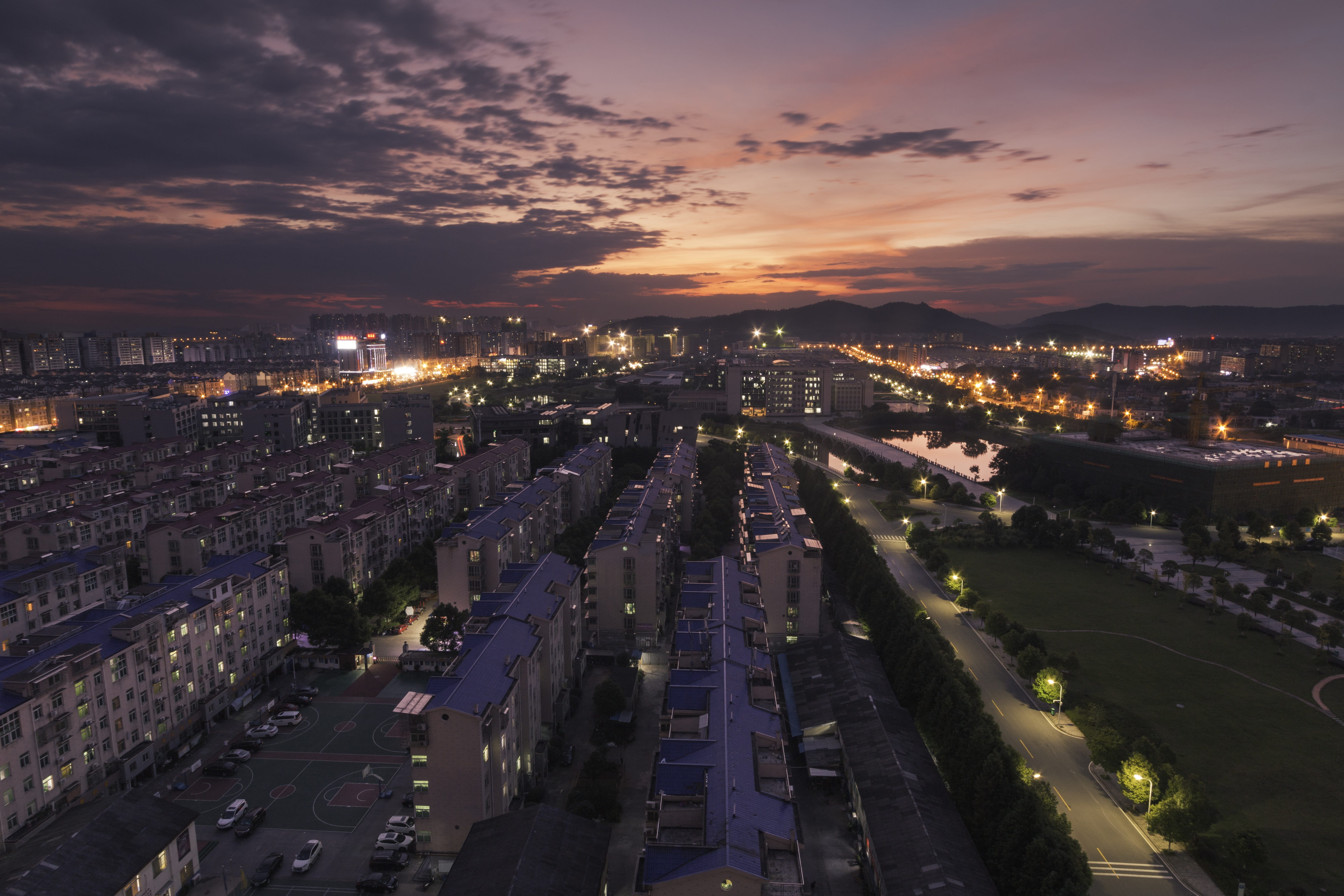 illuminated, sky, cityscape, high angle view, house, city life, building, skyscraper, outdoors, street, city, architecture, road, crowd, building exterior, HD Wallpaper