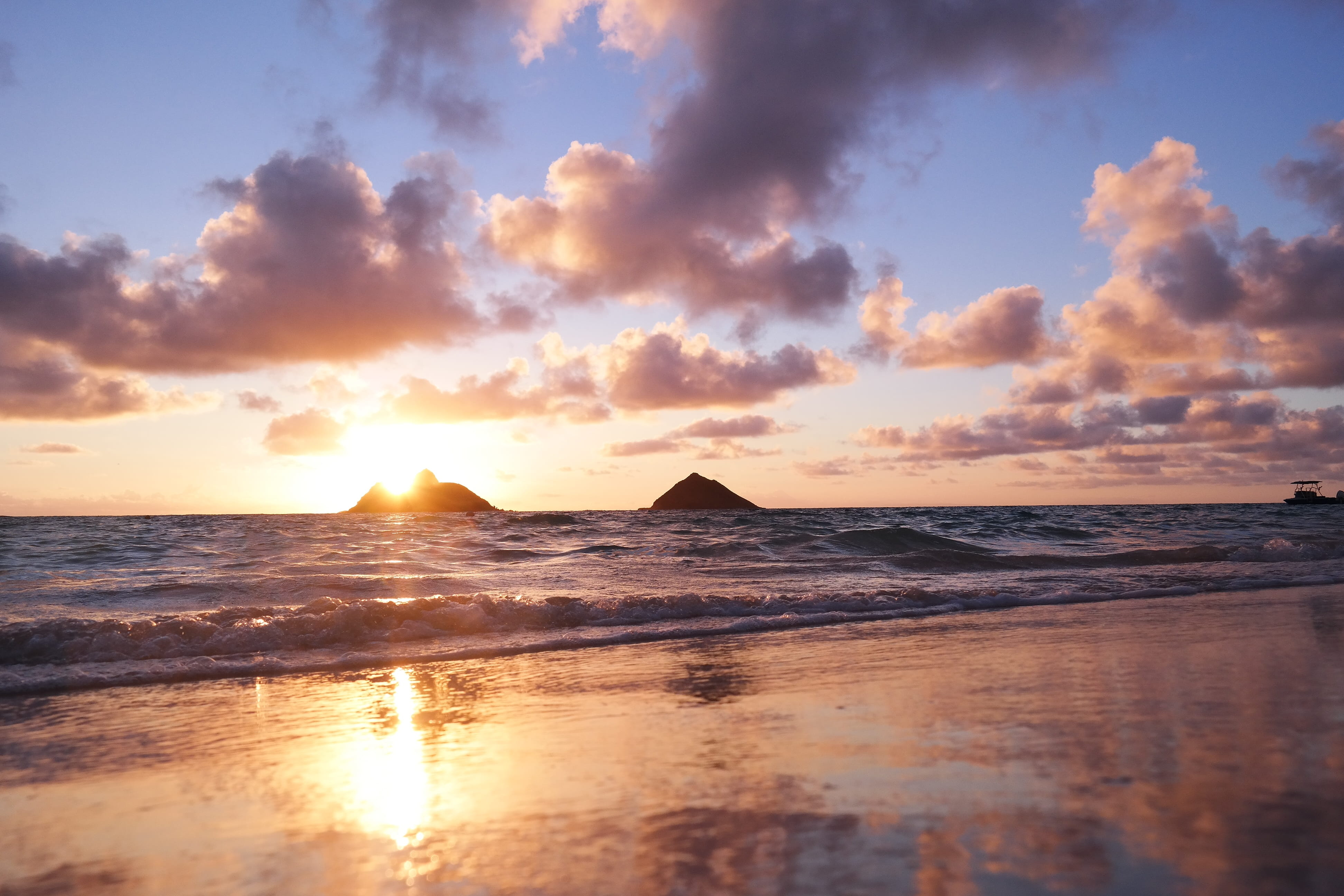 land, nature, horizon over water, outdoors, tranquil scene, sky, orange color, cloud, hawaii, summer, idyllic, cloud - sky, 4K, tranquility, sea, sunset, HD Wallpaper