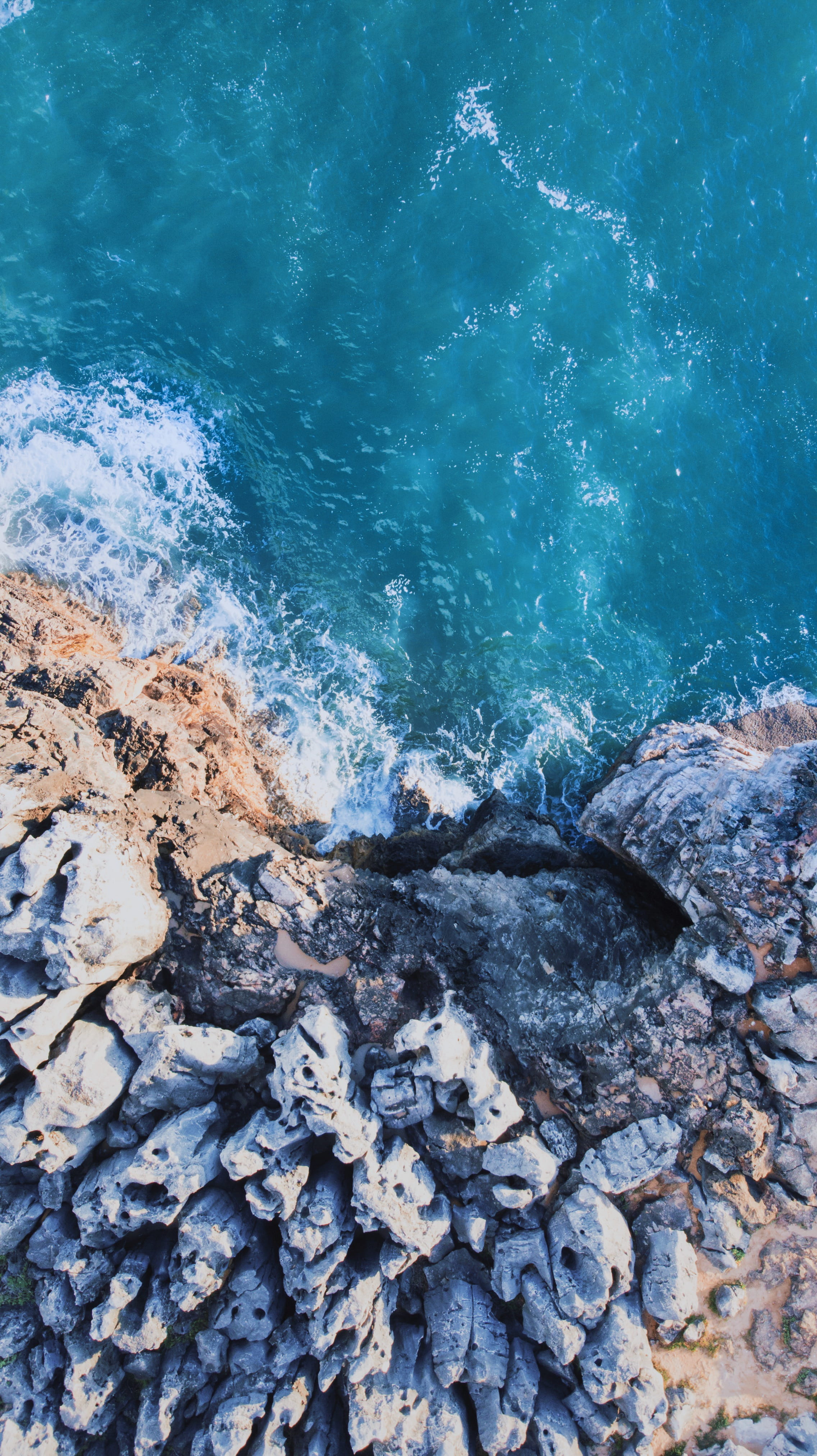 portugal, wild, rocky coastline, wave, breaking, 4K, motion, solid, drone, abstract, land, sea, blue, aerial, flowing water, cascais, boca do inferno, Phone HD Wallpaper