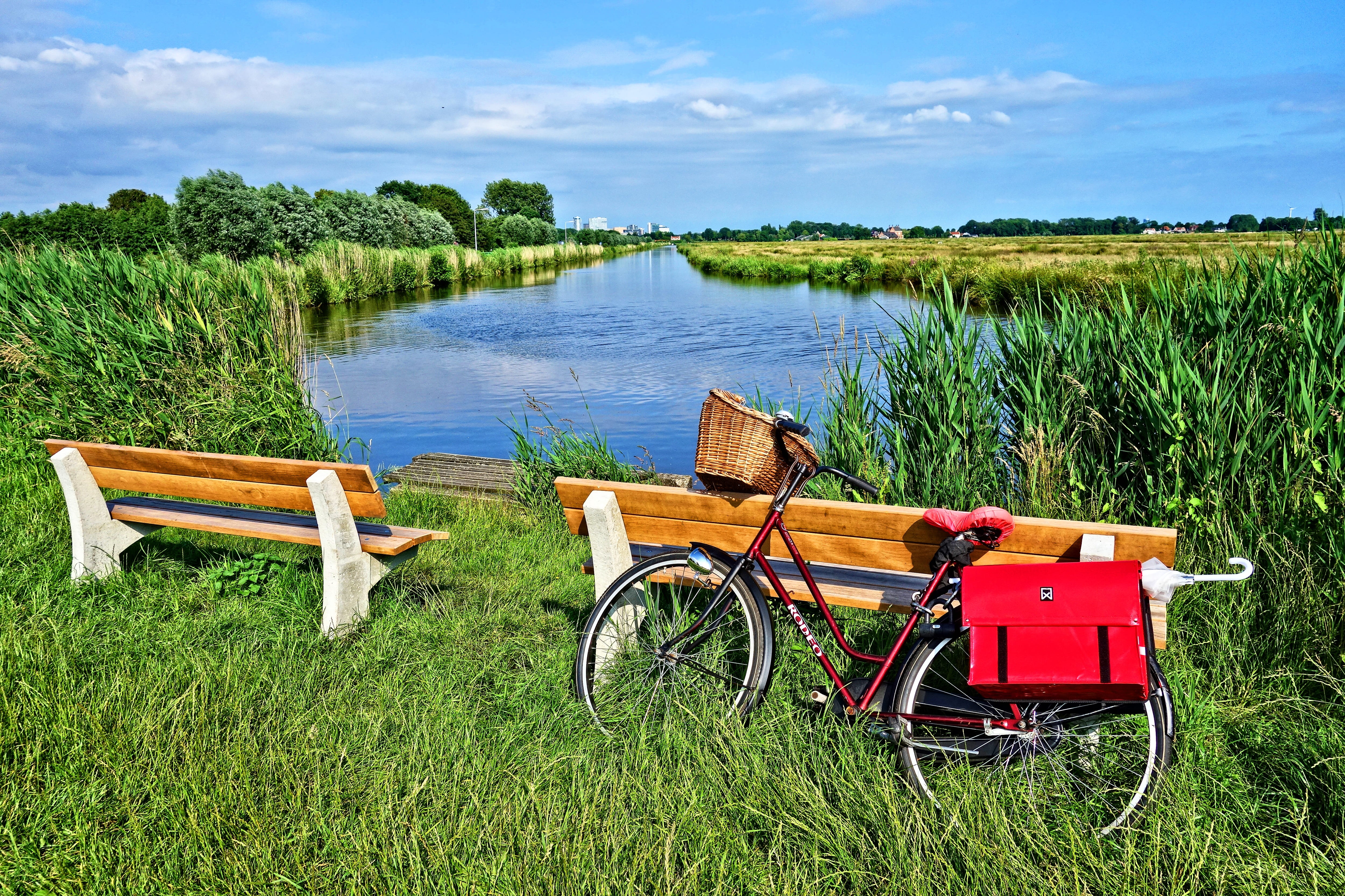 wooden, scenic, scenics - nature, landscape, lake, netherlands, growth, red, 4K, outdoors, dutch landscape, seat, dutch, bench, polder, land, nature, idyllic, HD Wallpaper