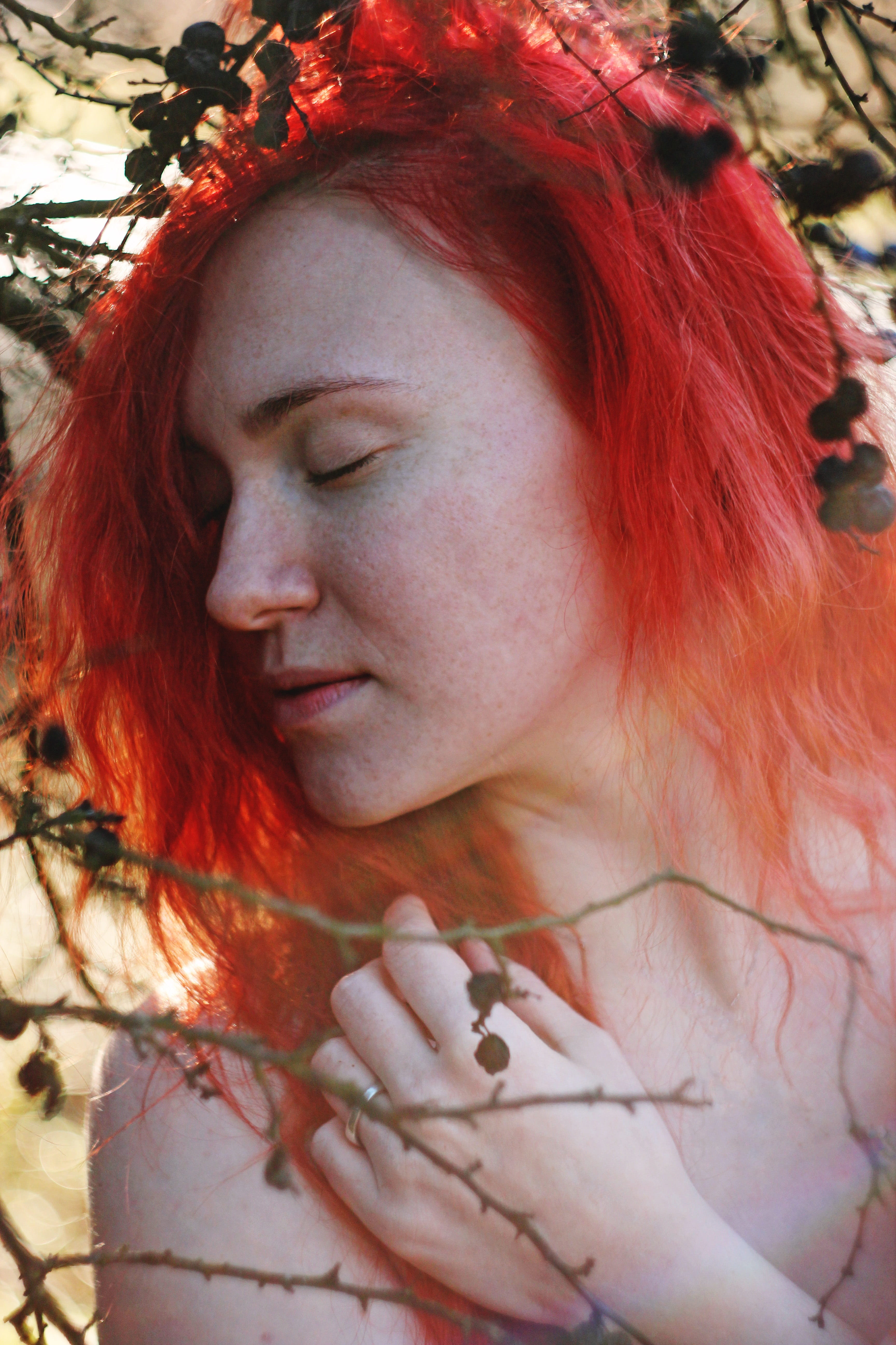 person, long hair, dyed red hair, outdoors, rose, 5K, nice, women, beauty, hair, photoshoot, emotion, headshot, looking, beautiful woman, hairstyle, youth, Phone HD Wallpaper