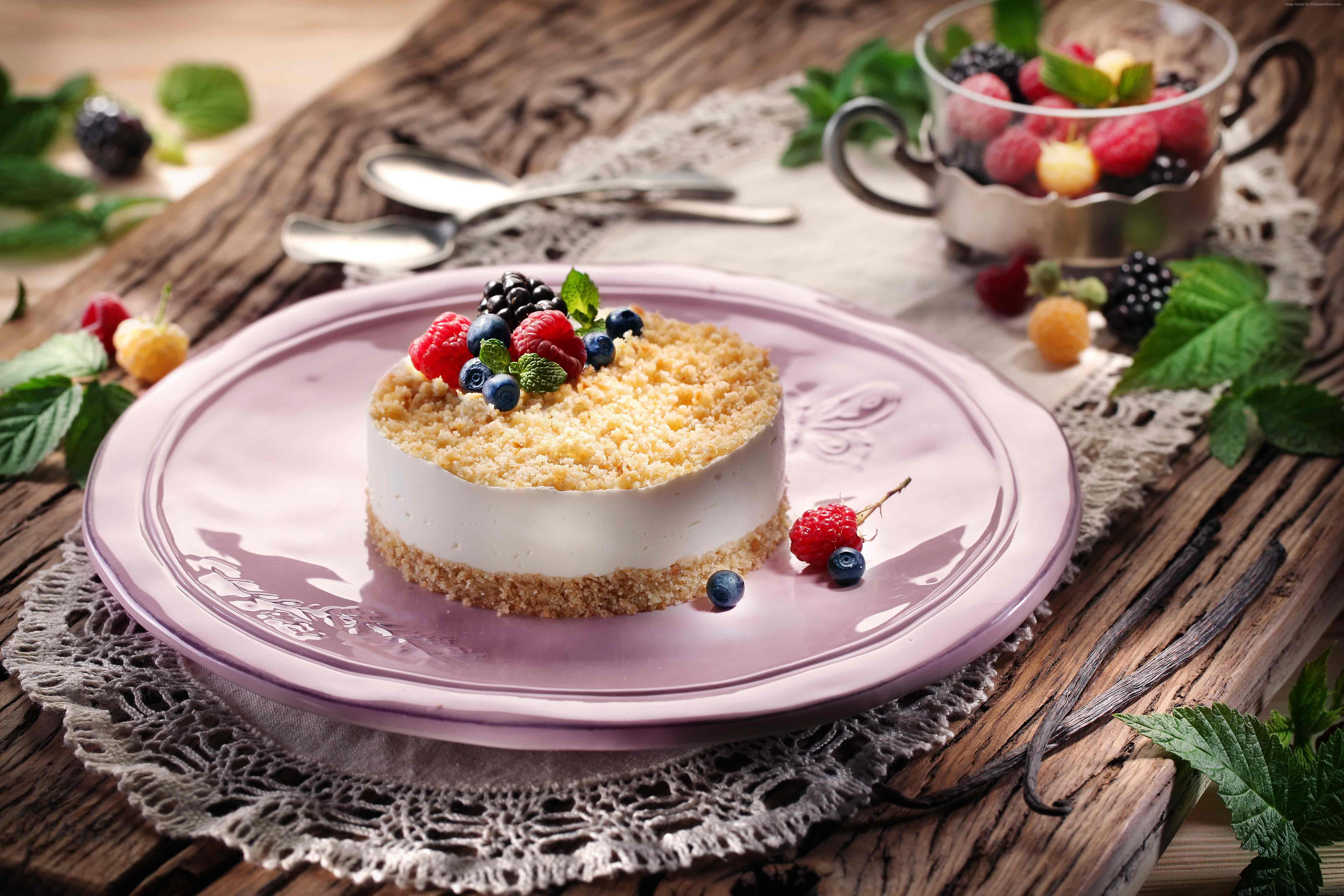 souffle, mascarpone, raspberries, blueberries, mint, Philadelphia cheese, cheesecake, berries, 5K, HD Wallpaper