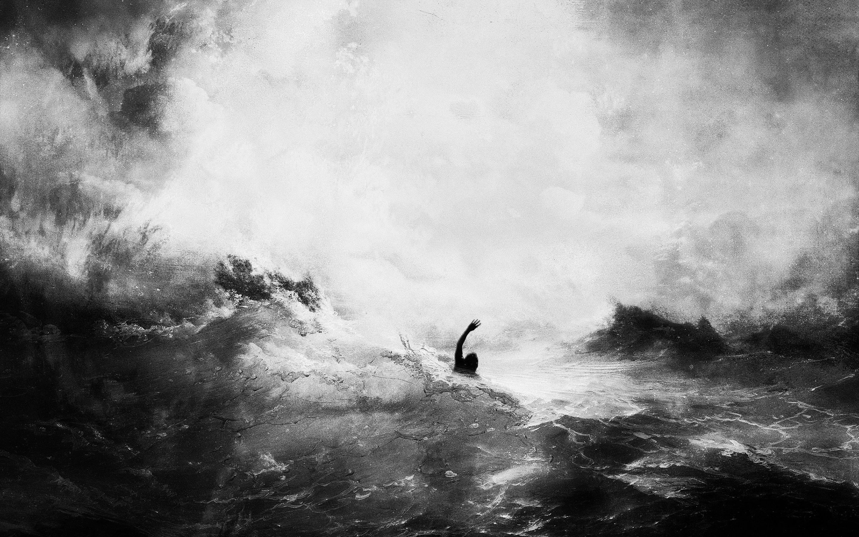 sea, arms up, 2K, artwork, monochrome, Alex Cherry, HD Wallpaper