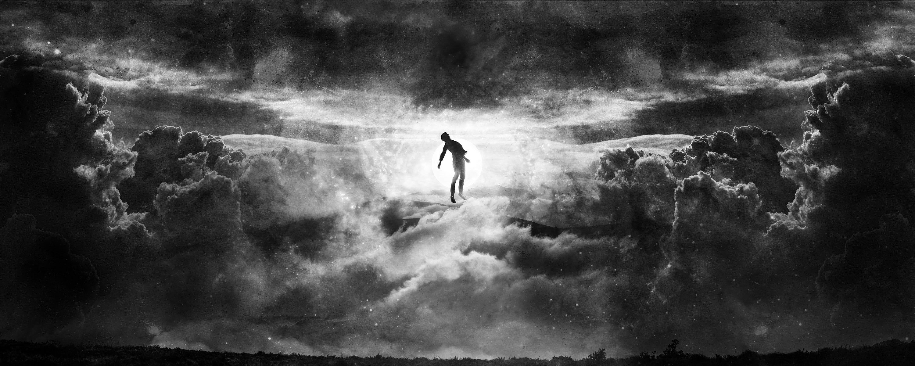 monochrome, floating, Sun, surreal, 2K, artwork, Alex Cherry, clouds, HD Wallpaper