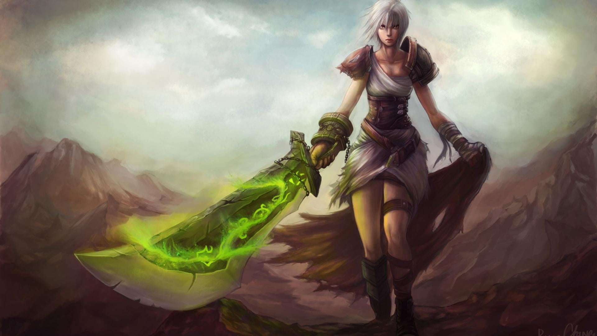 League of Legends, beauty, man, 1080P, fantasy girl, sword, haired, mystery, smoke - physical structure, fashion, white, video games, beautiful people, HD Wallpaper