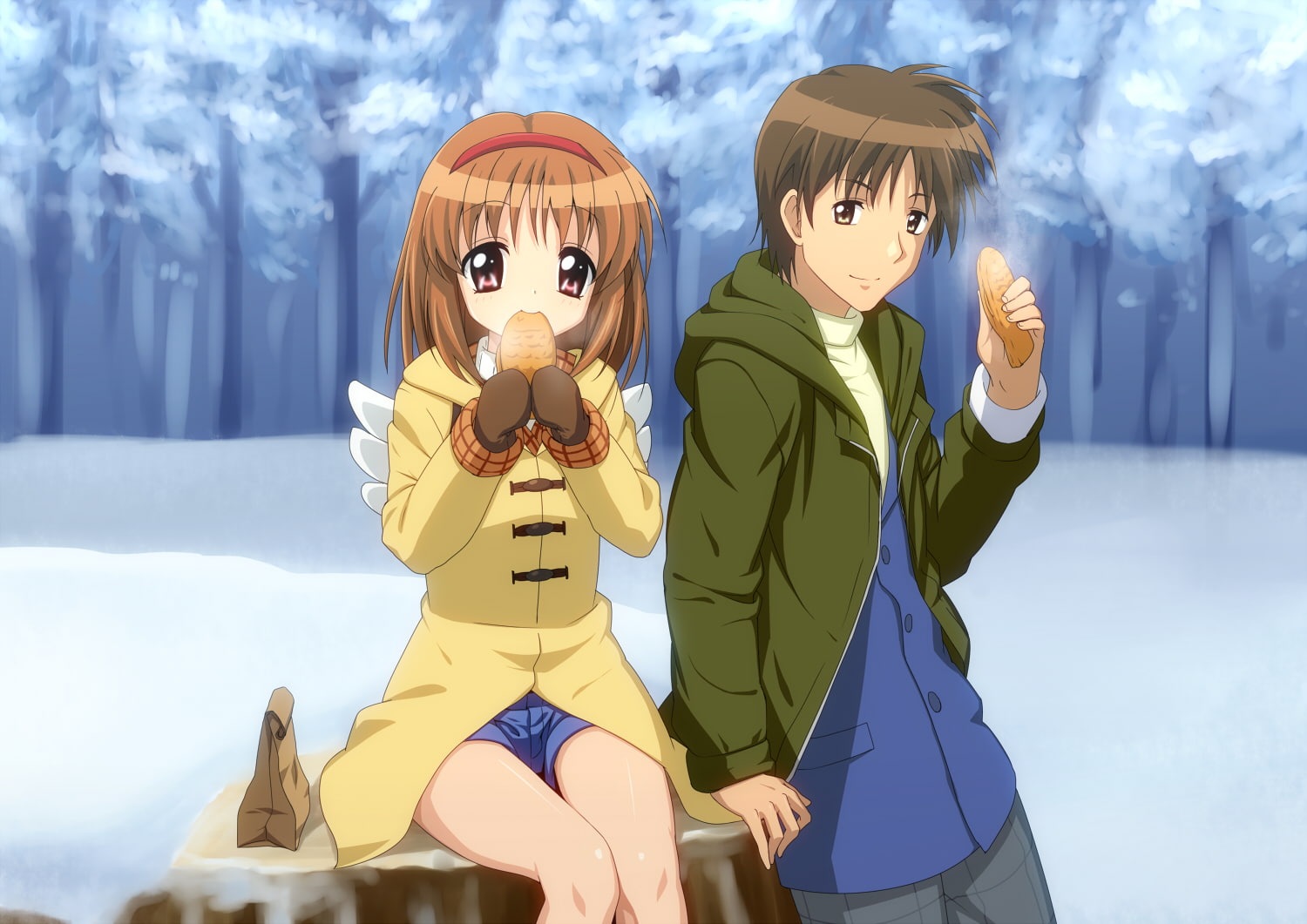 aizawa, yuuichi, yellow, short, gloves, hair, shorts, iyakun, food, eyes, winter, 720P, headband, wings, kanon, brown, pink, ayu, tsukimiya, HD Wallpaper