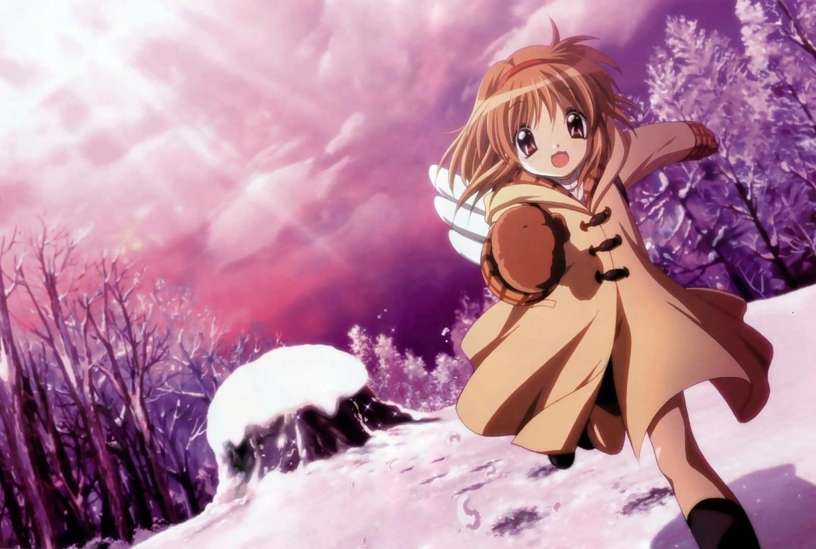 winter, outdoors, 720P, mask, Coats, Kanon, purple, Girl, disguise, clothing, sky, Snow, frozen, cold temperature, no people, nature, portrait, Running, HD Wallpaper
