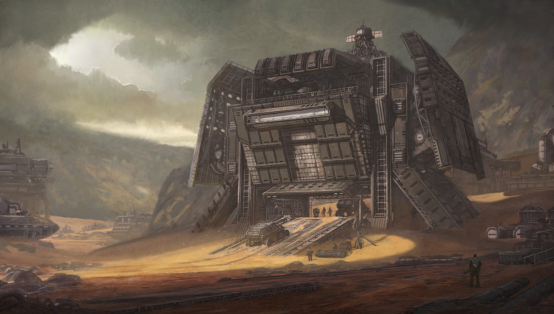 transport, construction, Desert Outpost, mountains, 1080P, HD Wallpaper