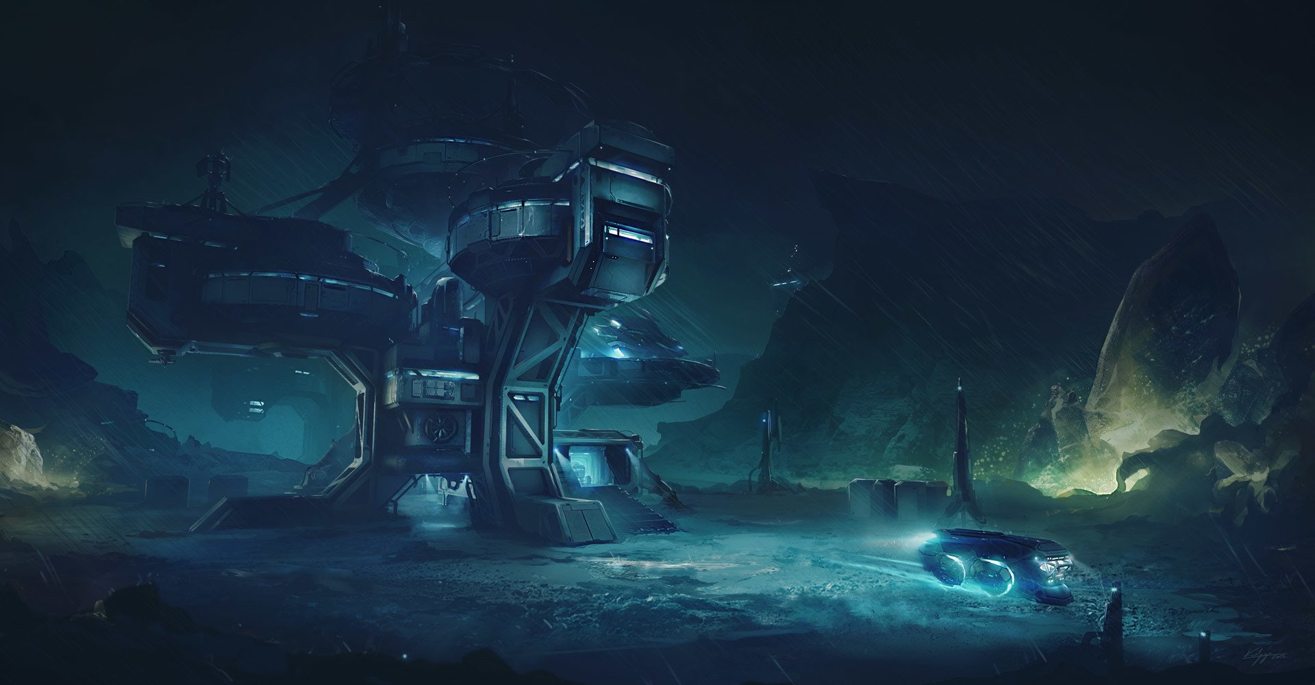 1080P, Vehicle, Building, Night, Rain, Buildings, Outpost, HD Wallpaper
