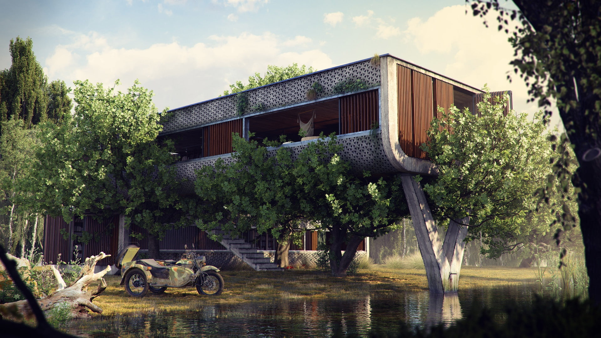 construction, pond, The Outpost, motorcycle, vegetation, 1080P, HD Wallpaper