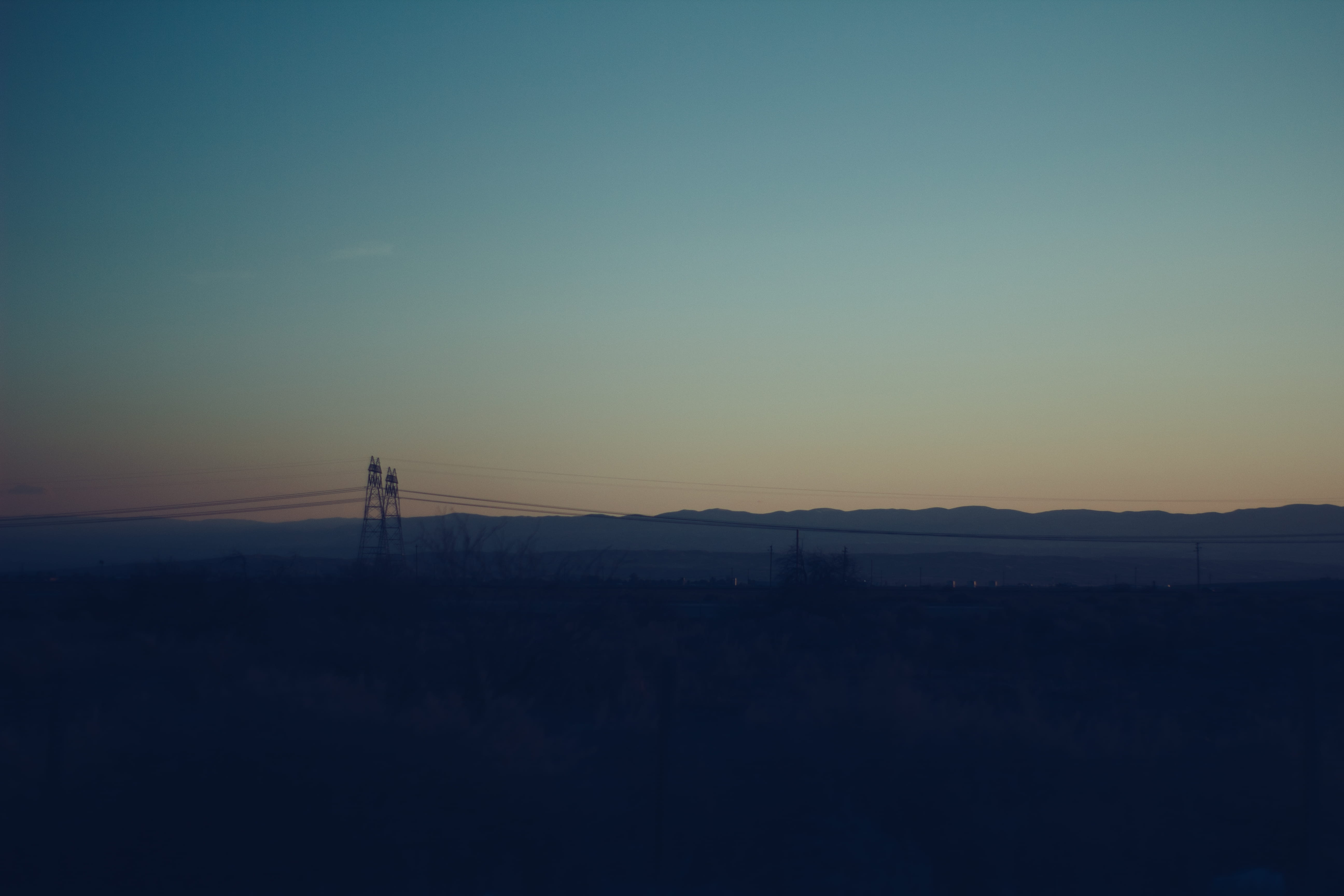 sky, outdoors, electricity, mellow, nature, electric outpost, orange color, idyllic, sunset, electricity pylon, open, grass, copy space, tranquility, silhouette, HD Wallpaper