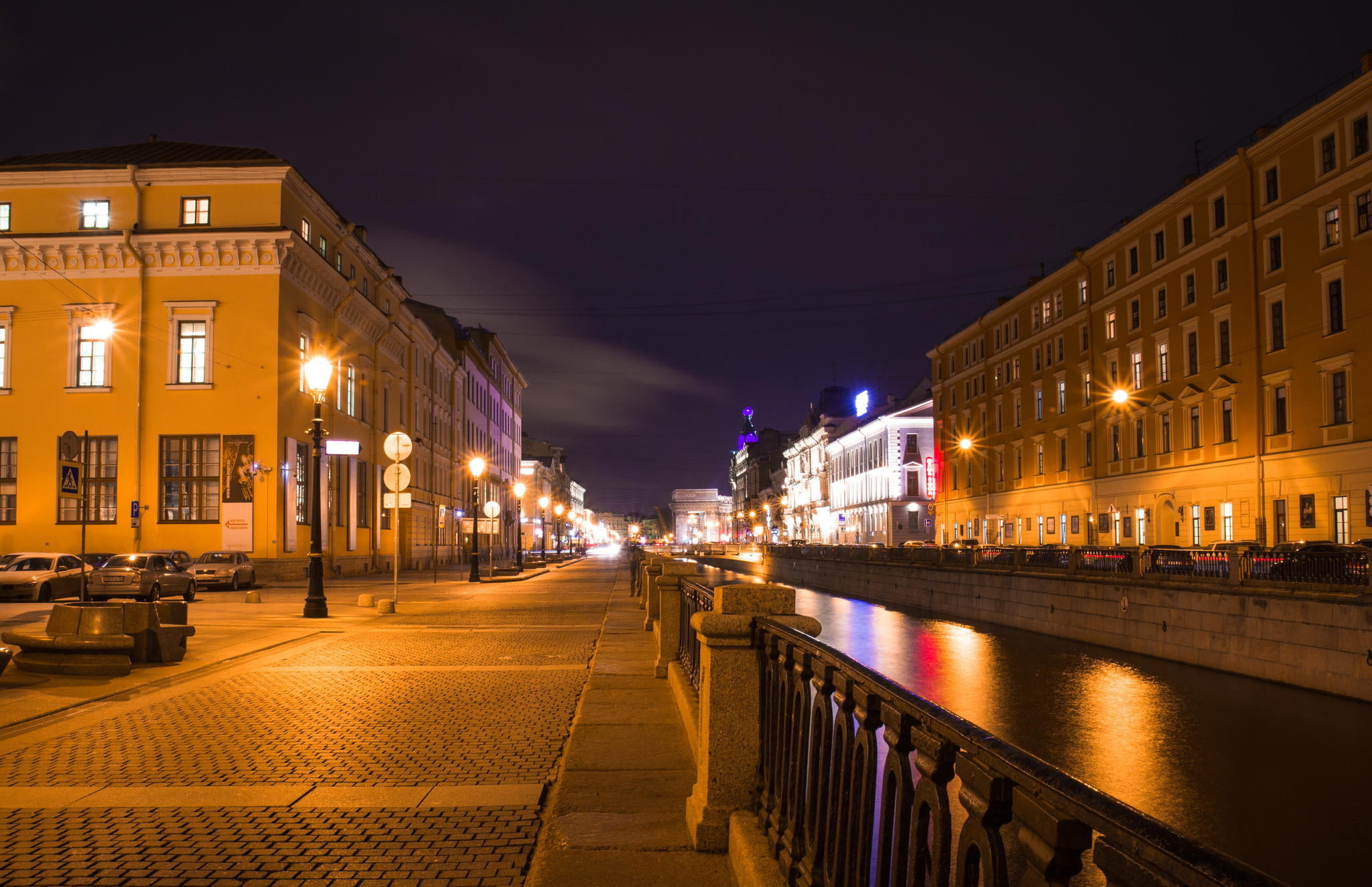 nature, city, Saint Petersburg, lighting equipment, building, channel, illuminated, street, outpost, sky, direction, night, Russia, footpath, railing, St. Petersburg, HD Wallpaper