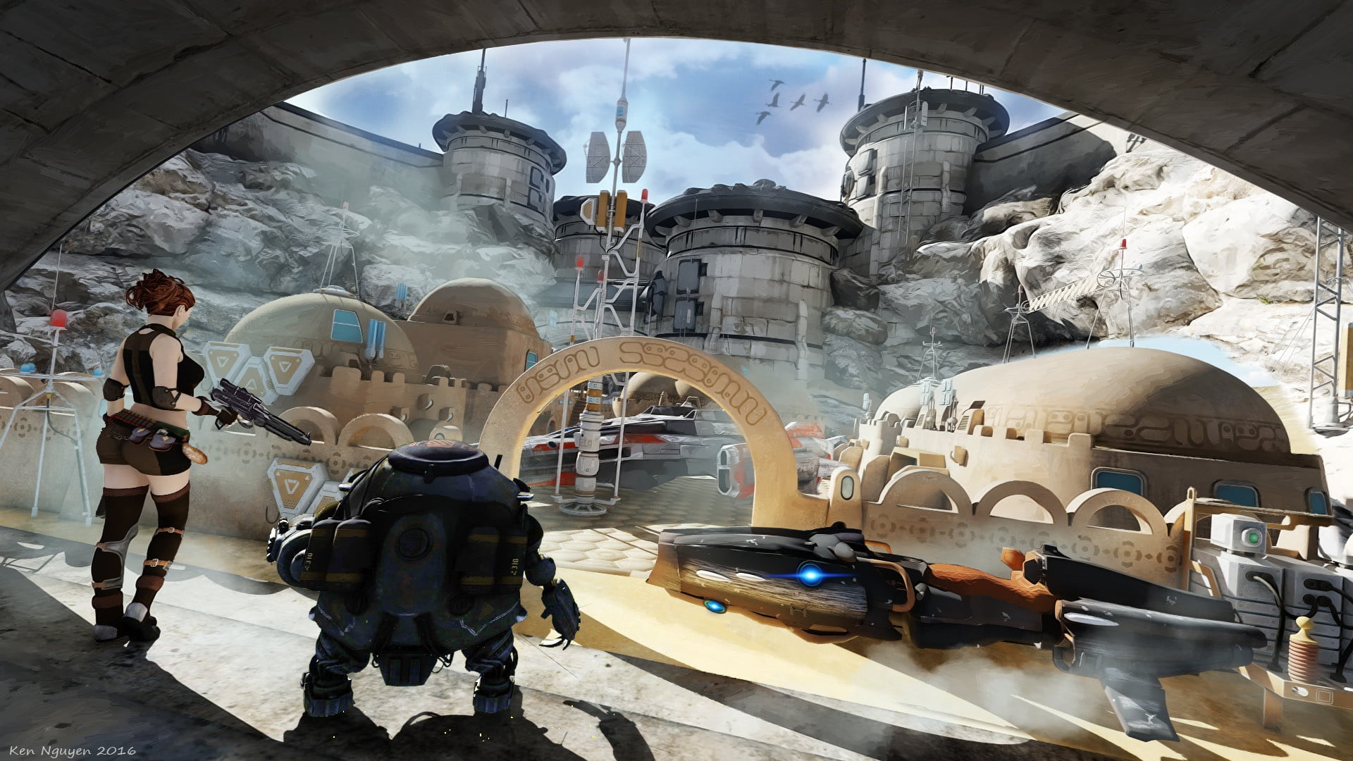 facilities, Desert Outpost, settlement, robot, 1080P, aircraft, HD Wallpaper