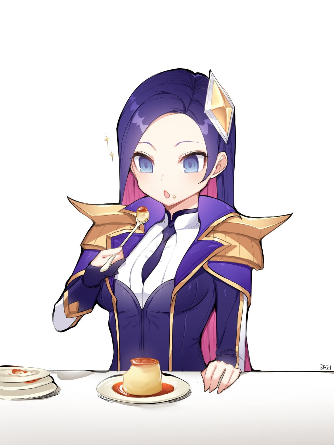 video games girls, Riot Games, blue eyes, Caitlyn (League of Legends), purple hair, 720P, Battle Academia, League of Legends, plates, cake, video game, Phone HD Wallpaper