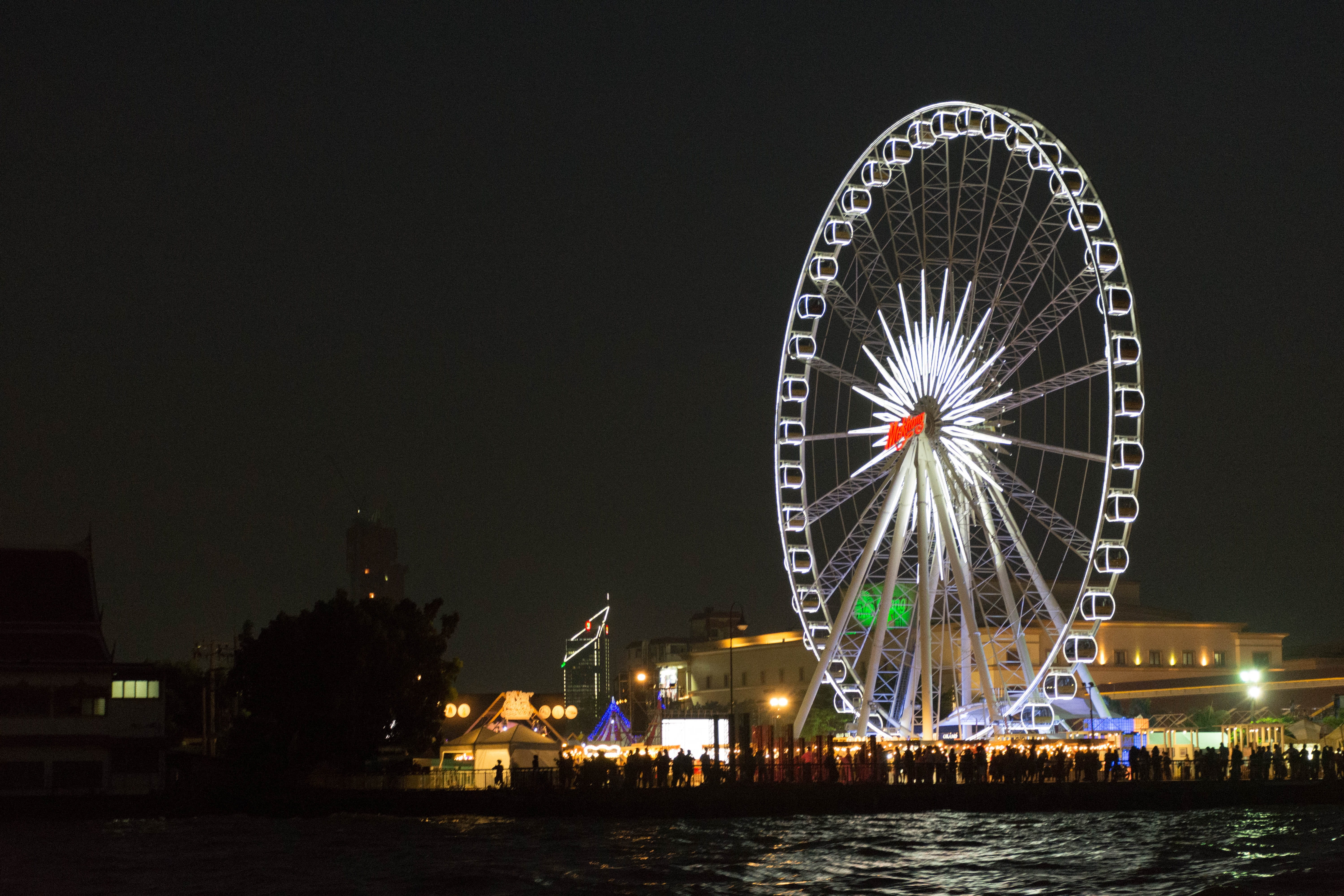 buildings, sunset, water, architecture, sky, nature, building, ferris wheel, outdoors, river, sea, on the building, built structure, copy space, amusement park ride, HD Wallpaper