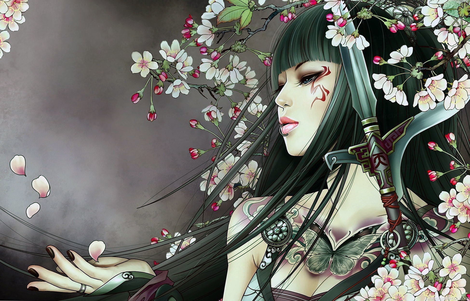 anime girls, painted nails, anime, samurai, women, flowers, dark hair, 1080P, HD Wallpaper