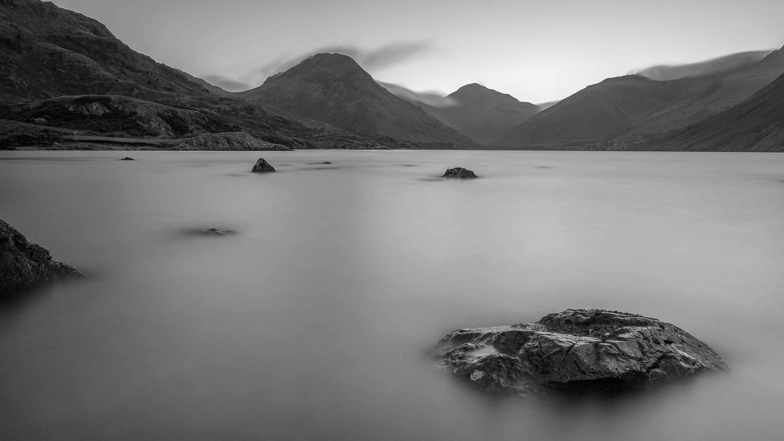 greyscale, mountain, photo, 2K, landscape, nature, hd, lake, rocks, stones, bw, HD Wallpaper