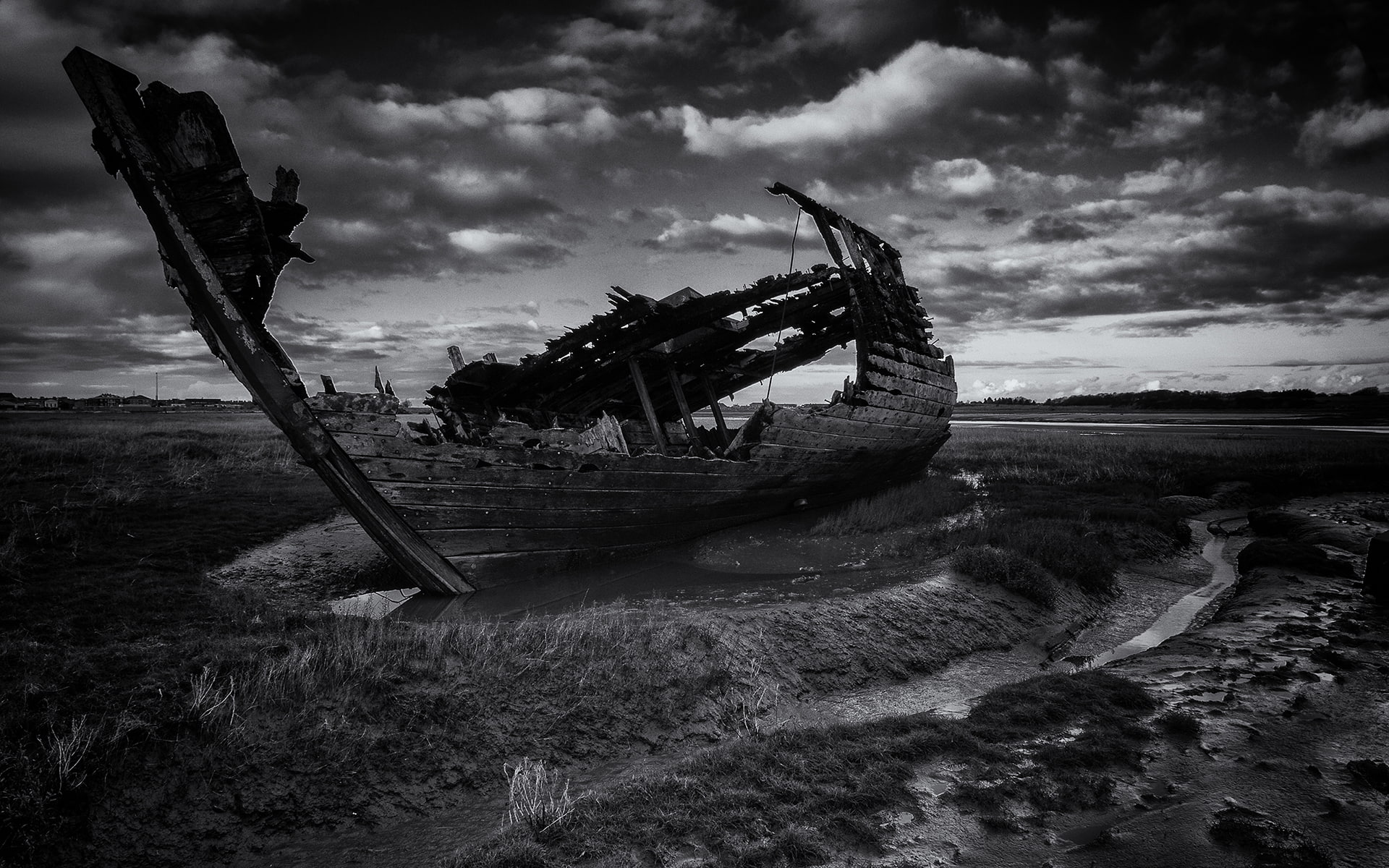 hd, beached, dilapidated, deserted, abandon, bw, nature, 1080P, greyscale, photography, ship, HD Wallpaper