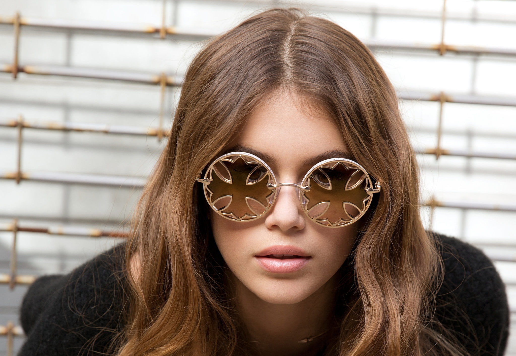 1080P, lips, girl, glasses, beautiful, Kaia Gerber, face, sweetheart, HD Wallpaper
