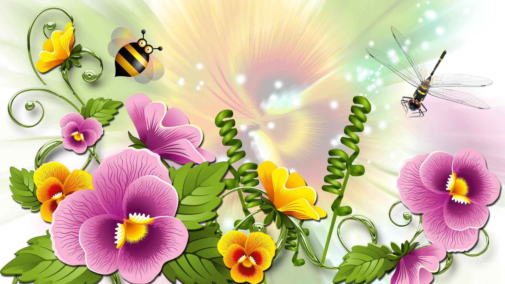 spring, summer, pansies, color, dragonflies, abstract, dragonfly, gold, purple yellow, violets, 1080P, bees, bright, HD Wallpaper