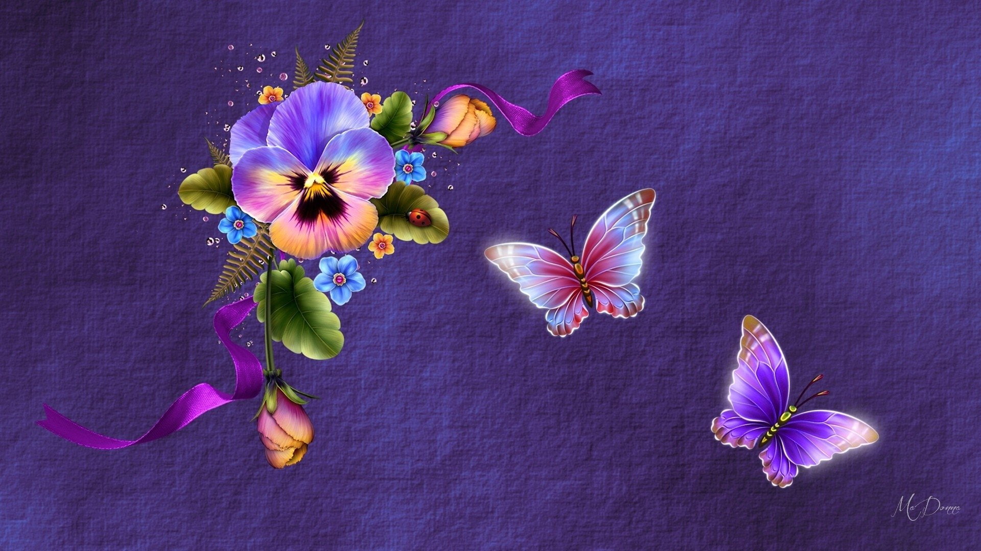 Spring, Pansy, Flower, Artistic, 1080P, Butterfly, HD Wallpaper