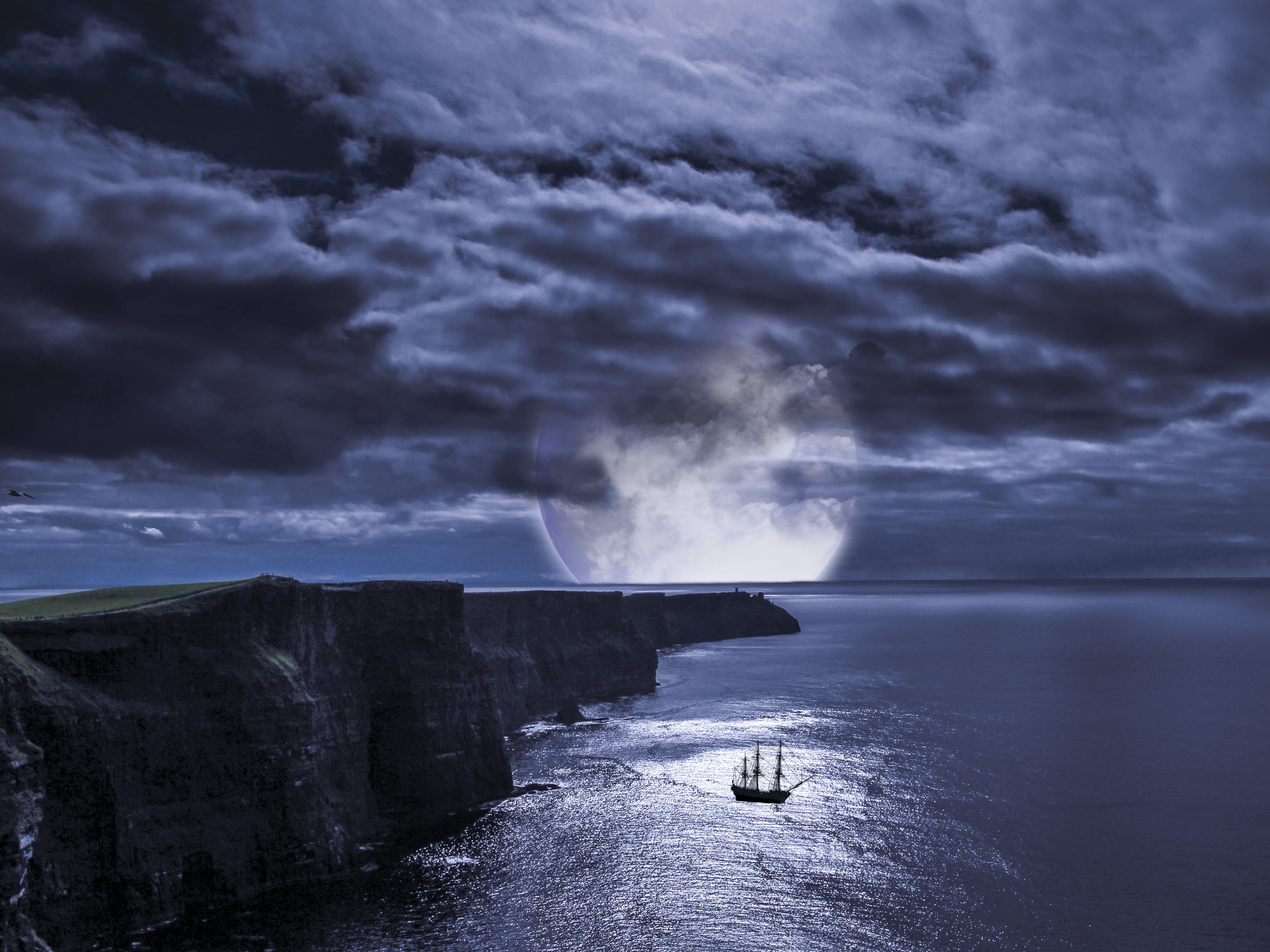 overcast, tranquil scene, Sailing Vessel, Moon, cliffs of moher munster, day, dramatic sky, thunderstorm, water, storm, sky, power, boat, scenics - nature, HD Wallpaper