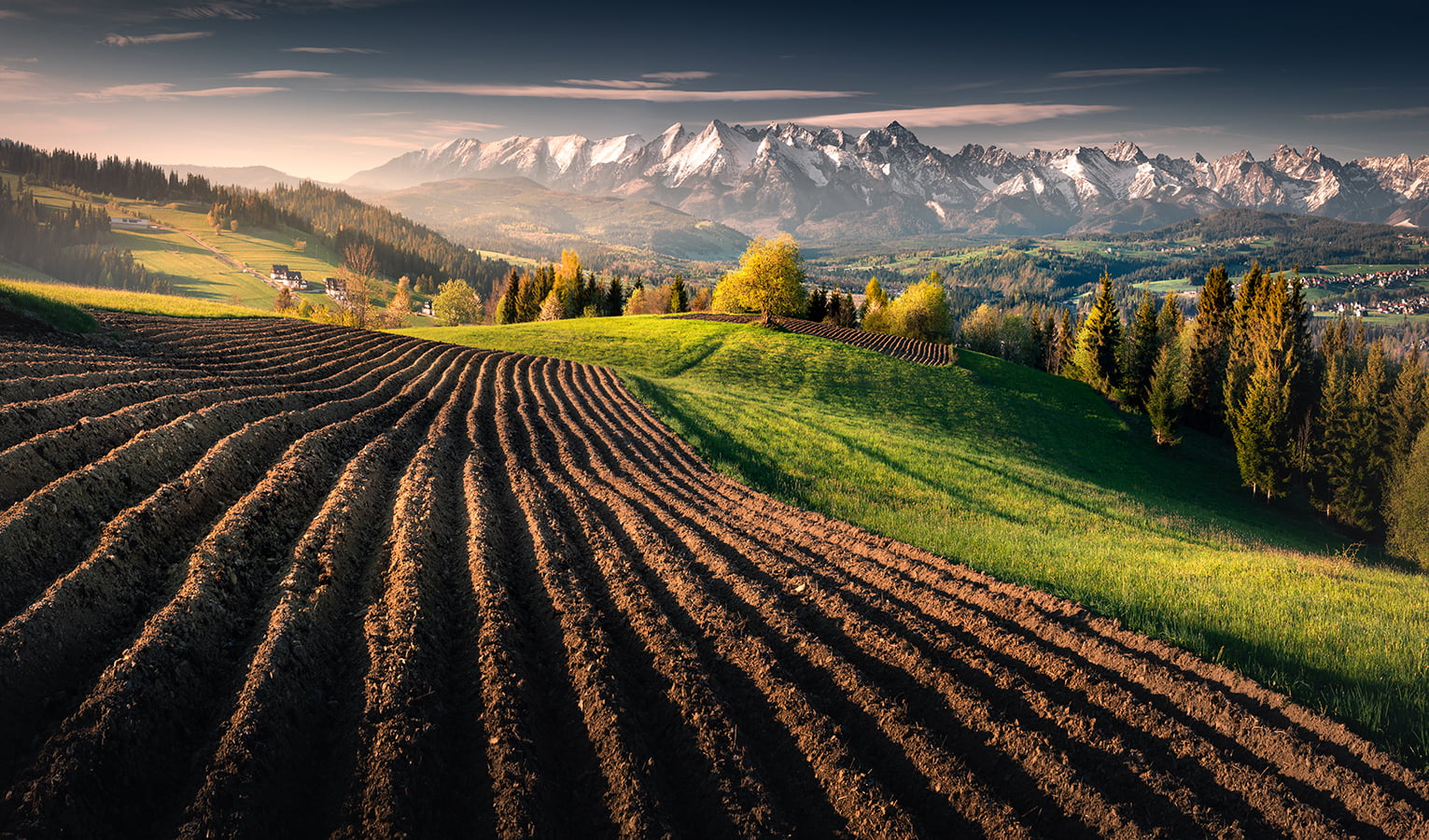 mountains, sunrise, farm, 720P, landscape, snowy peak, field, Karol Nienartowicz, HD Wallpaper