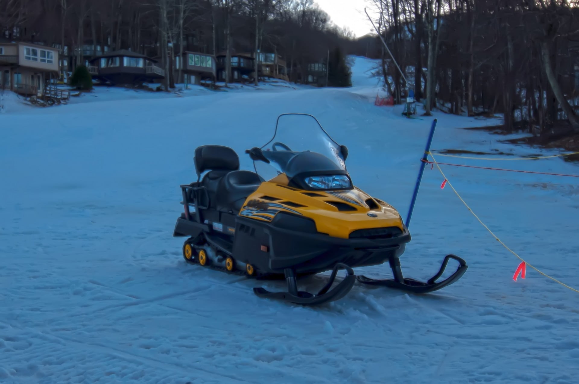 day, snow, land vehicle, scooter, yellow, hut, winter, seat, no people, street, chilly, sled, ice, season, frozen, motor vehicle, 1080P, machine, tree, HD Wallpaper